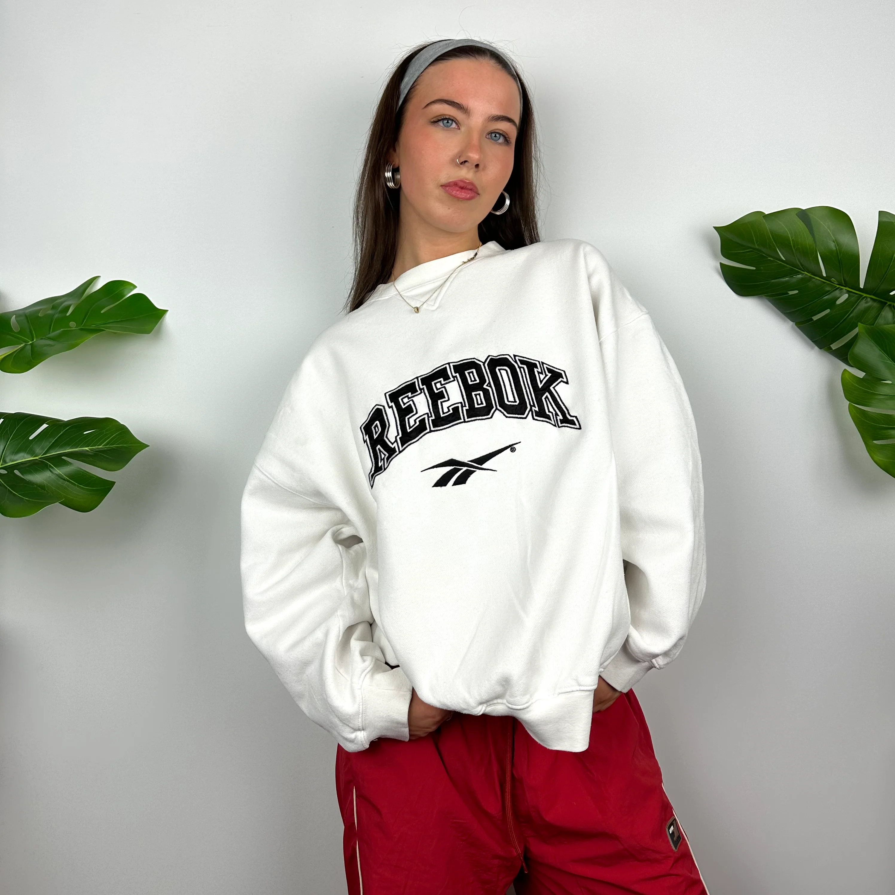 Reebok White Embroidered Spell Out Sweatshirt (M) - Image 5
