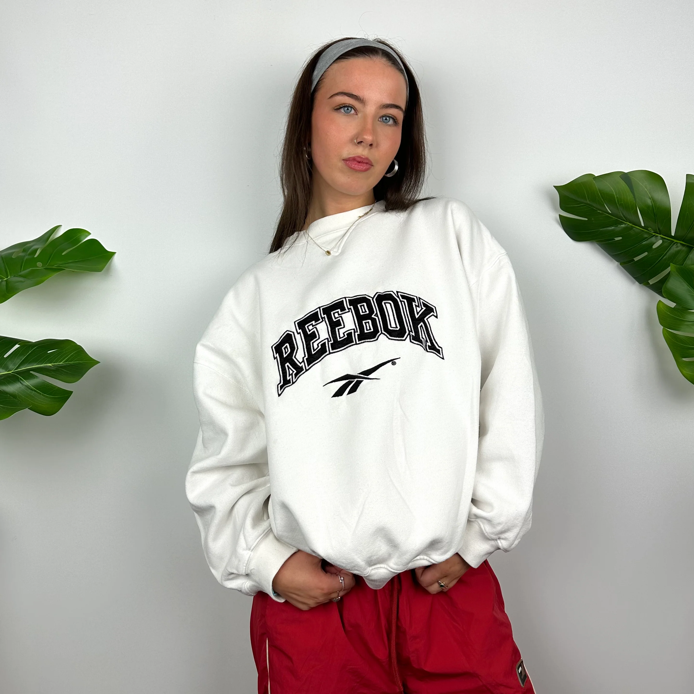 Reebok White Embroidered Spell Out Sweatshirt (M) - Image 6