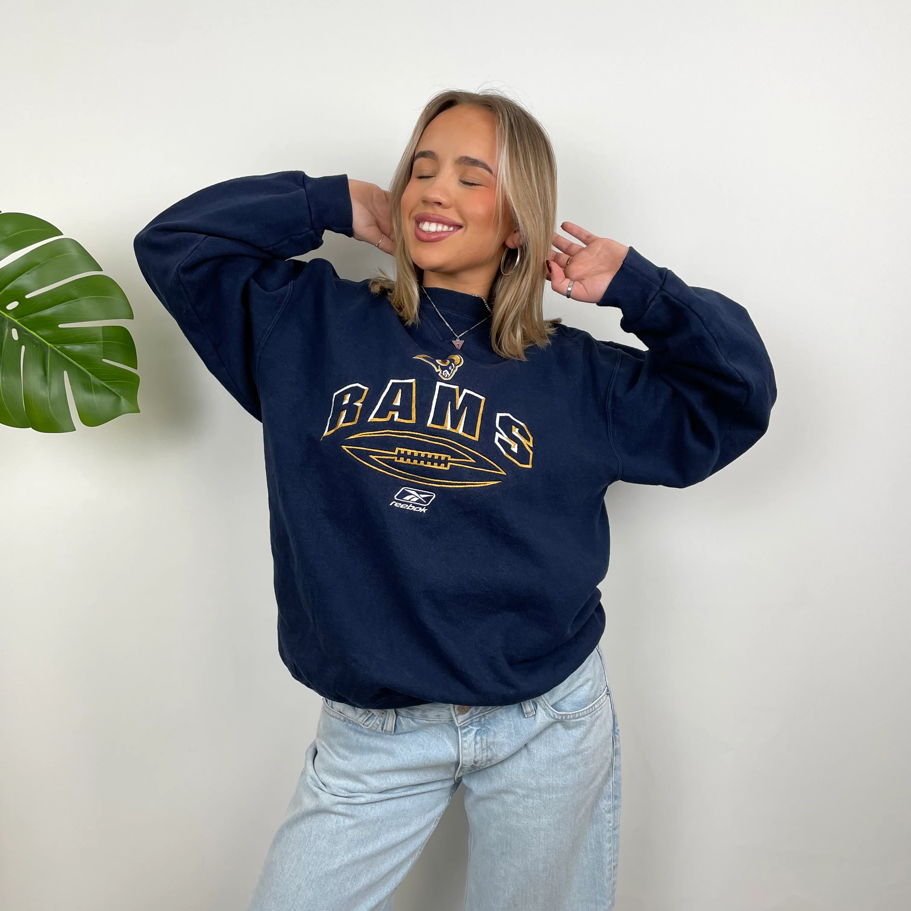 Reebok x St. Louis Rams NFL RARE Navy Embroidered Spell Out Sweatshirt (M)