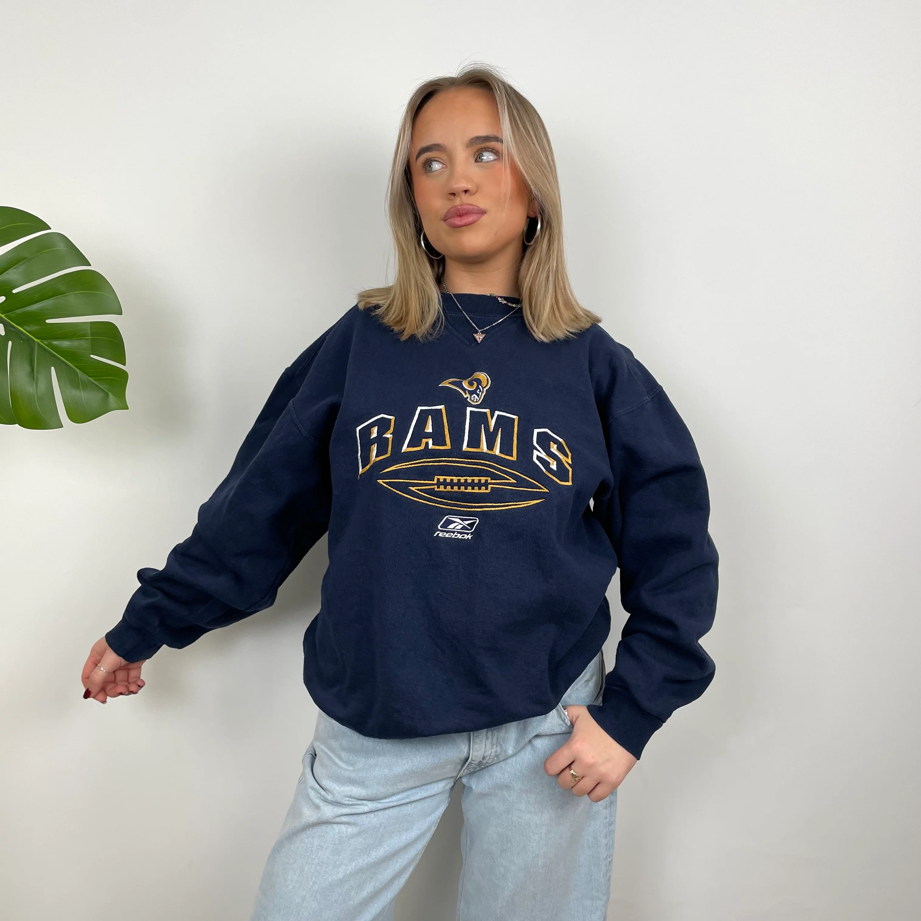 Reebok x St. Louis Rams NFL RARE Navy Embroidered Spell Out Sweatshirt (M) - Image 3