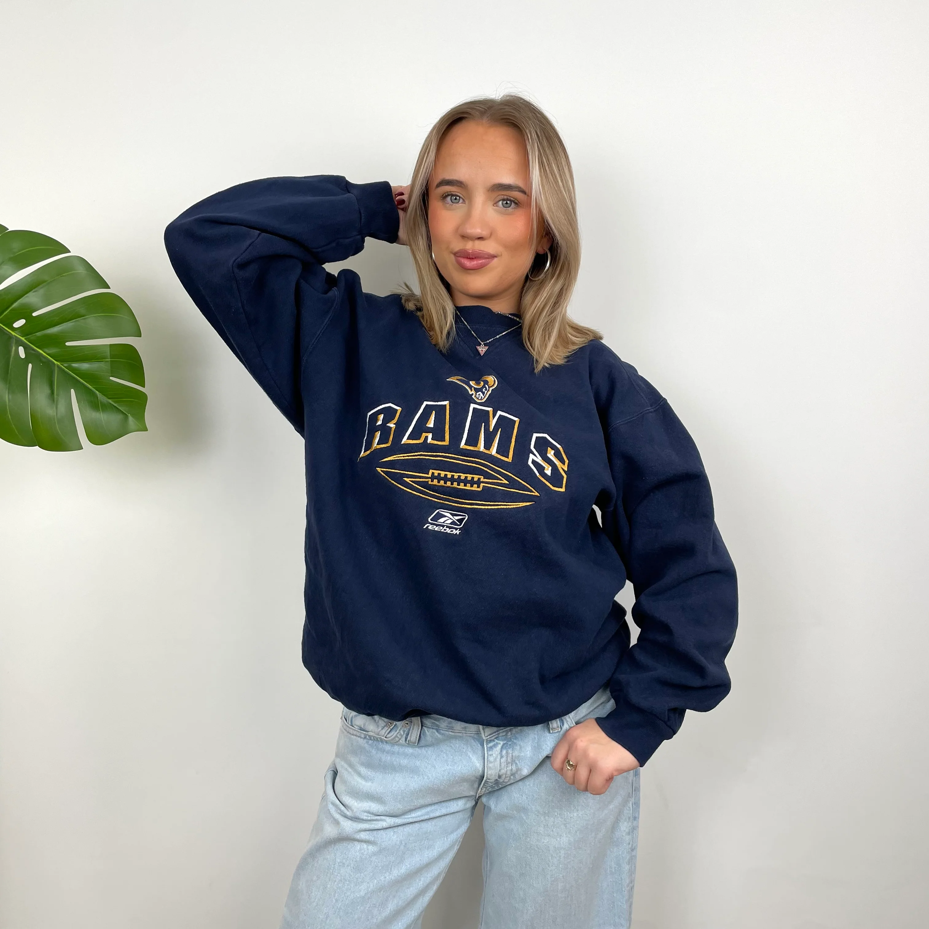 Reebok x St. Louis Rams NFL RARE Navy Embroidered Spell Out Sweatshirt (M) - Image 4