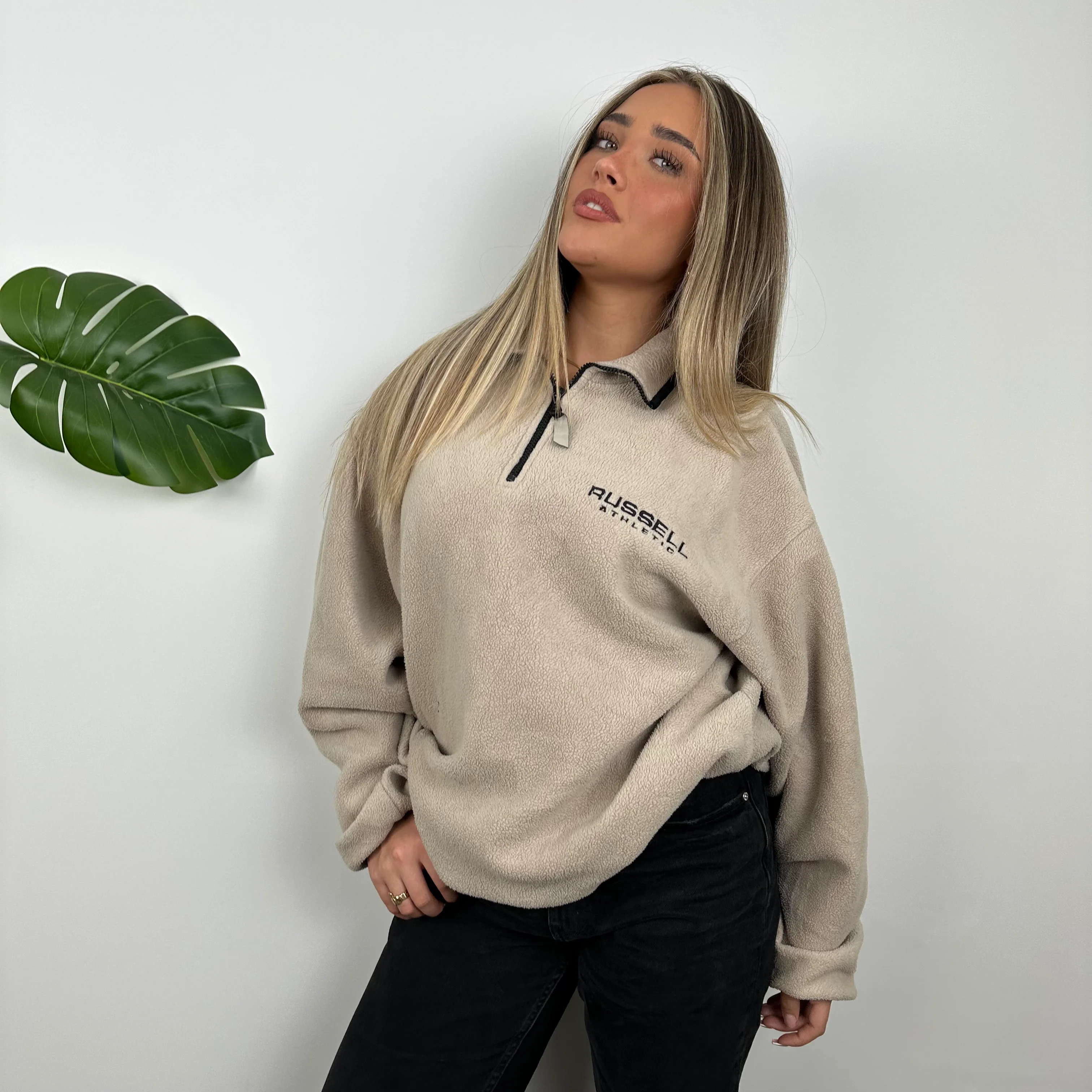 Russell Athletic Cream Embroidered Spell Out Fleece Quarter Zip (L) - Image 3