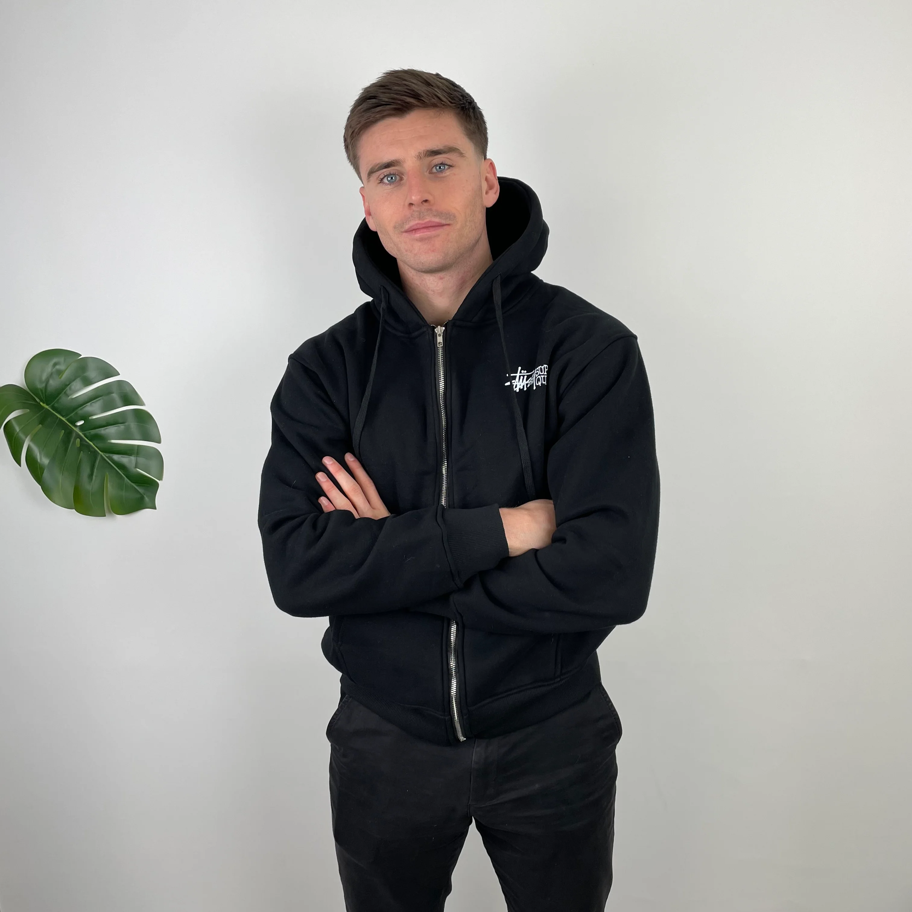 Stussy Black Spell Out Zip Up Hoodie (M) - Image 2