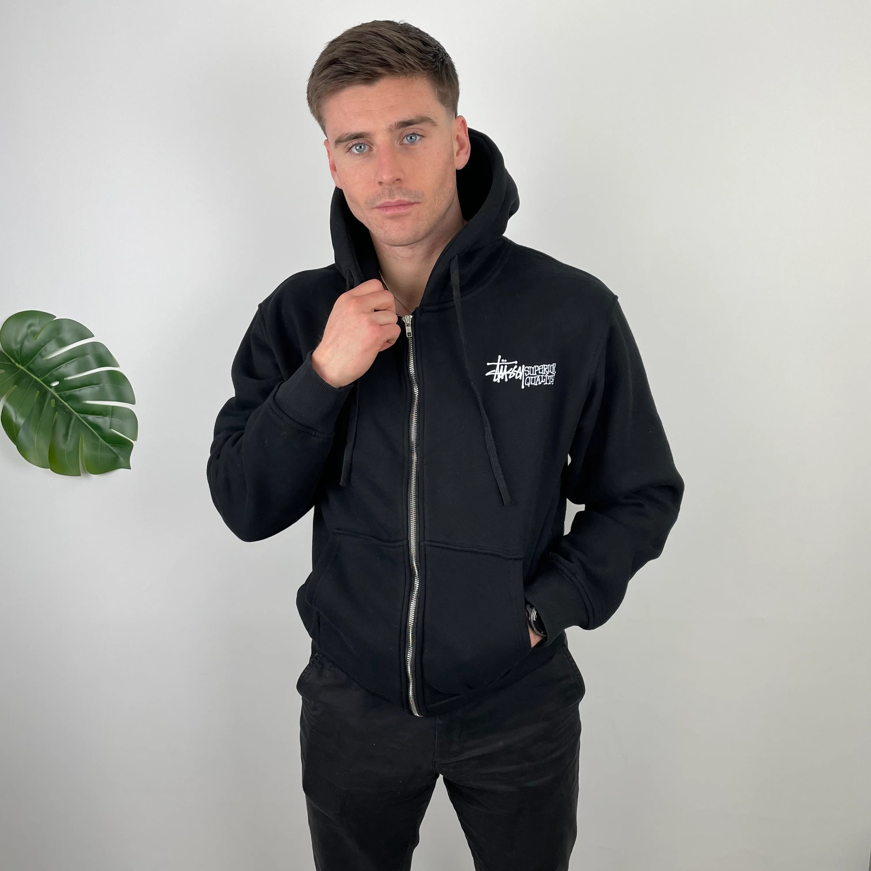 Stussy Black Spell Out Zip Up Hoodie (M) - Image 4