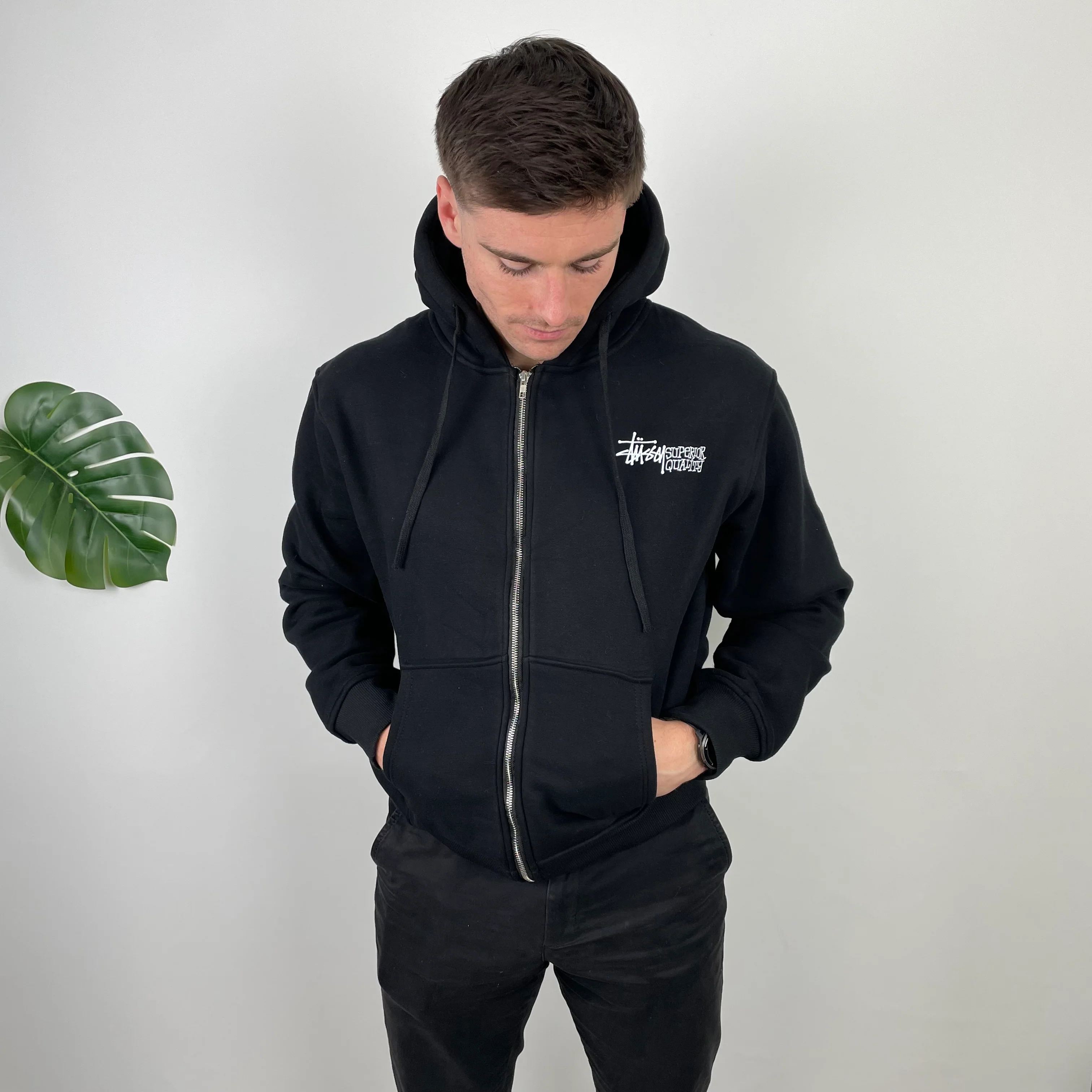 Stussy Black Spell Out Zip Up Hoodie (M) - Image 6