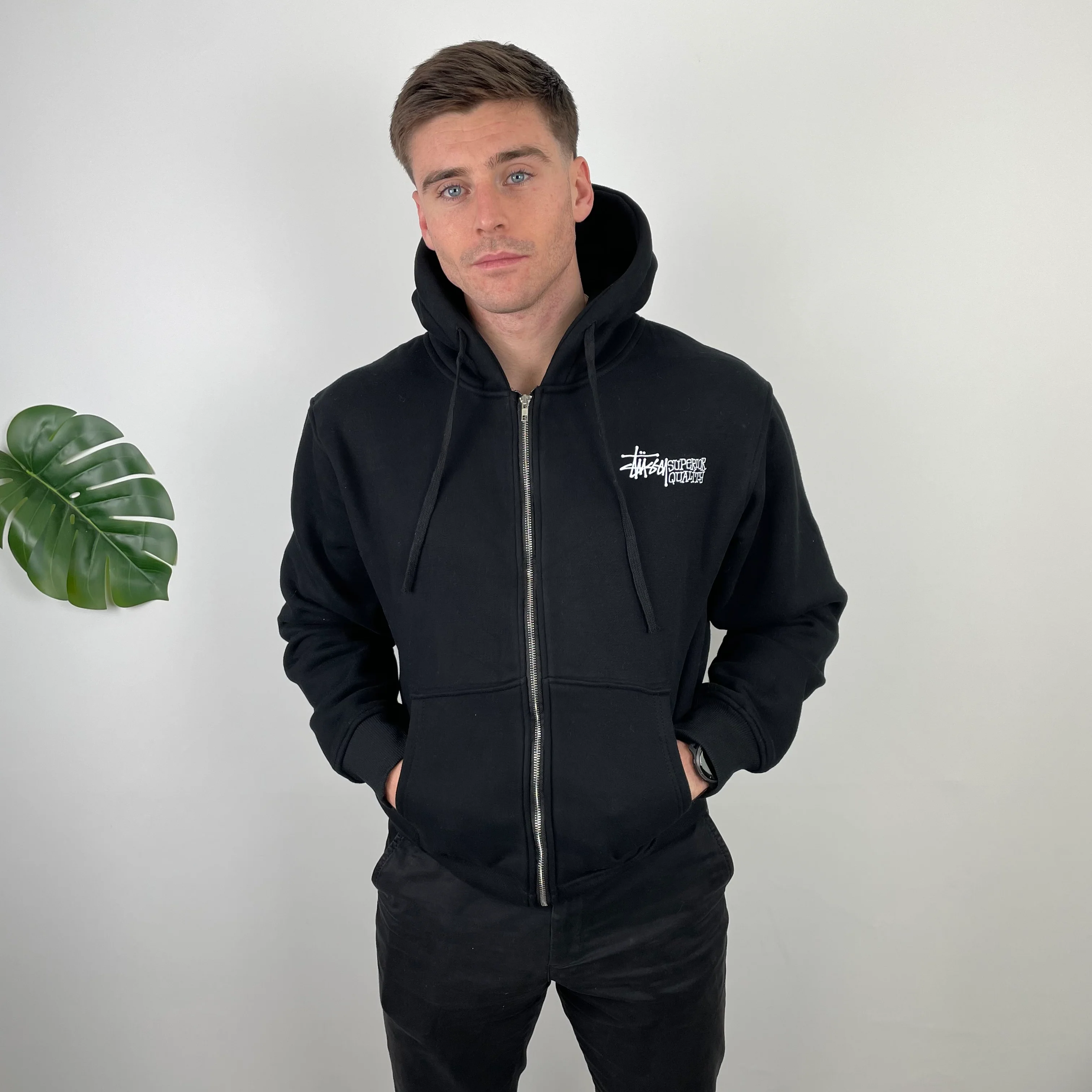 Stussy Black Spell Out Zip Up Hoodie (M) - Image 7