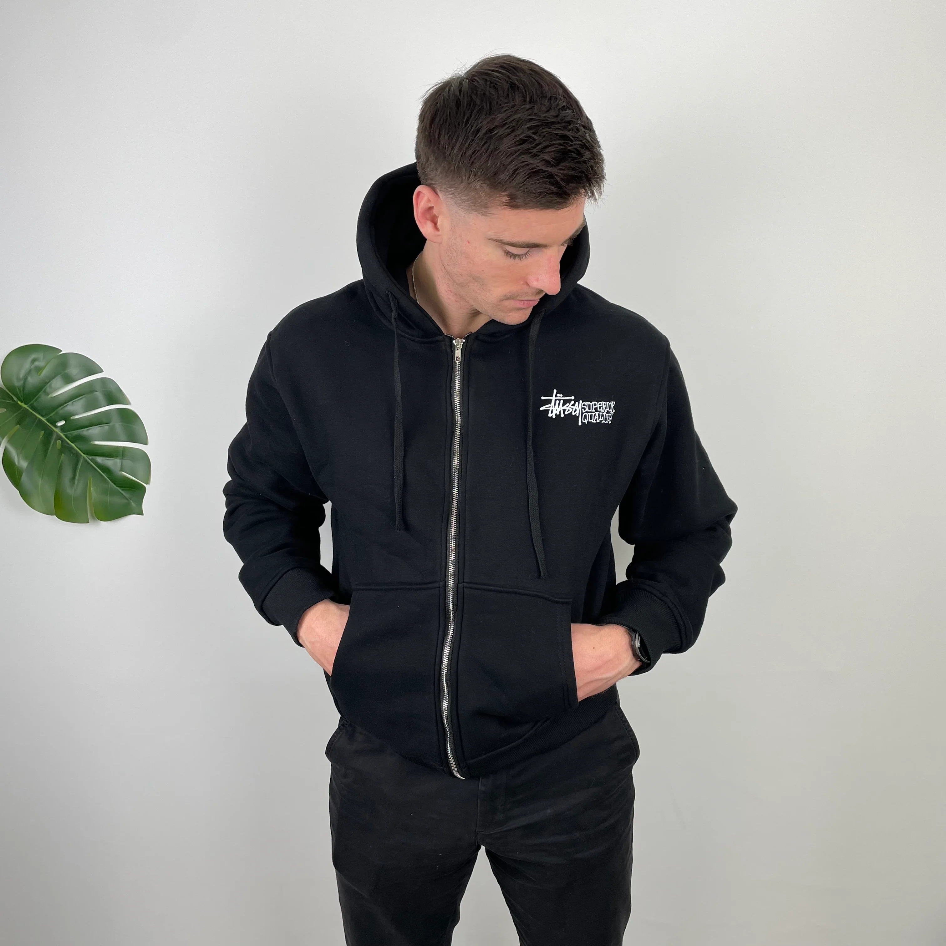 Stussy Black Spell Out Zip Up Hoodie (M) - Image 8