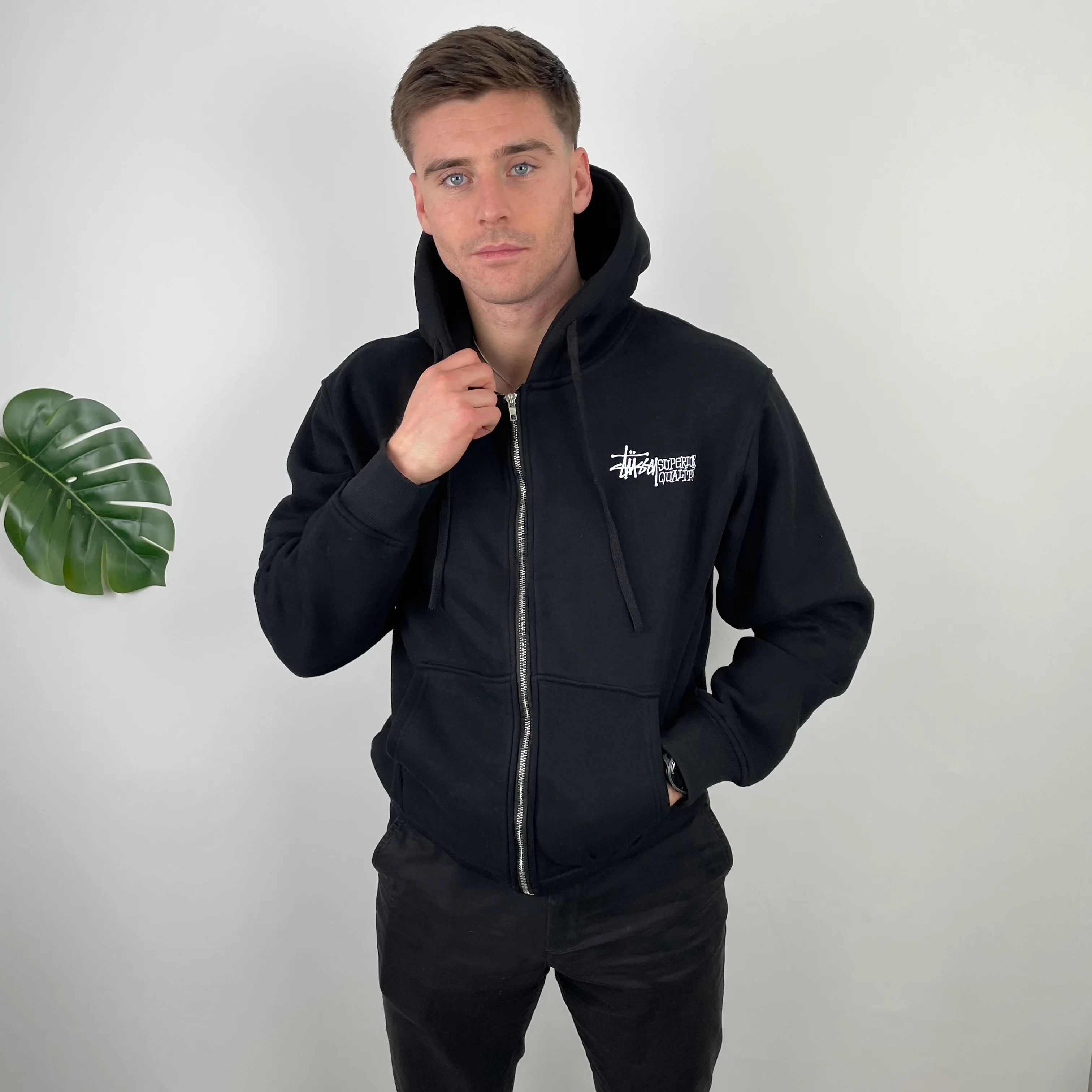 Stussy Black Spell Out Zip Up Hoodie (M) - Image 9