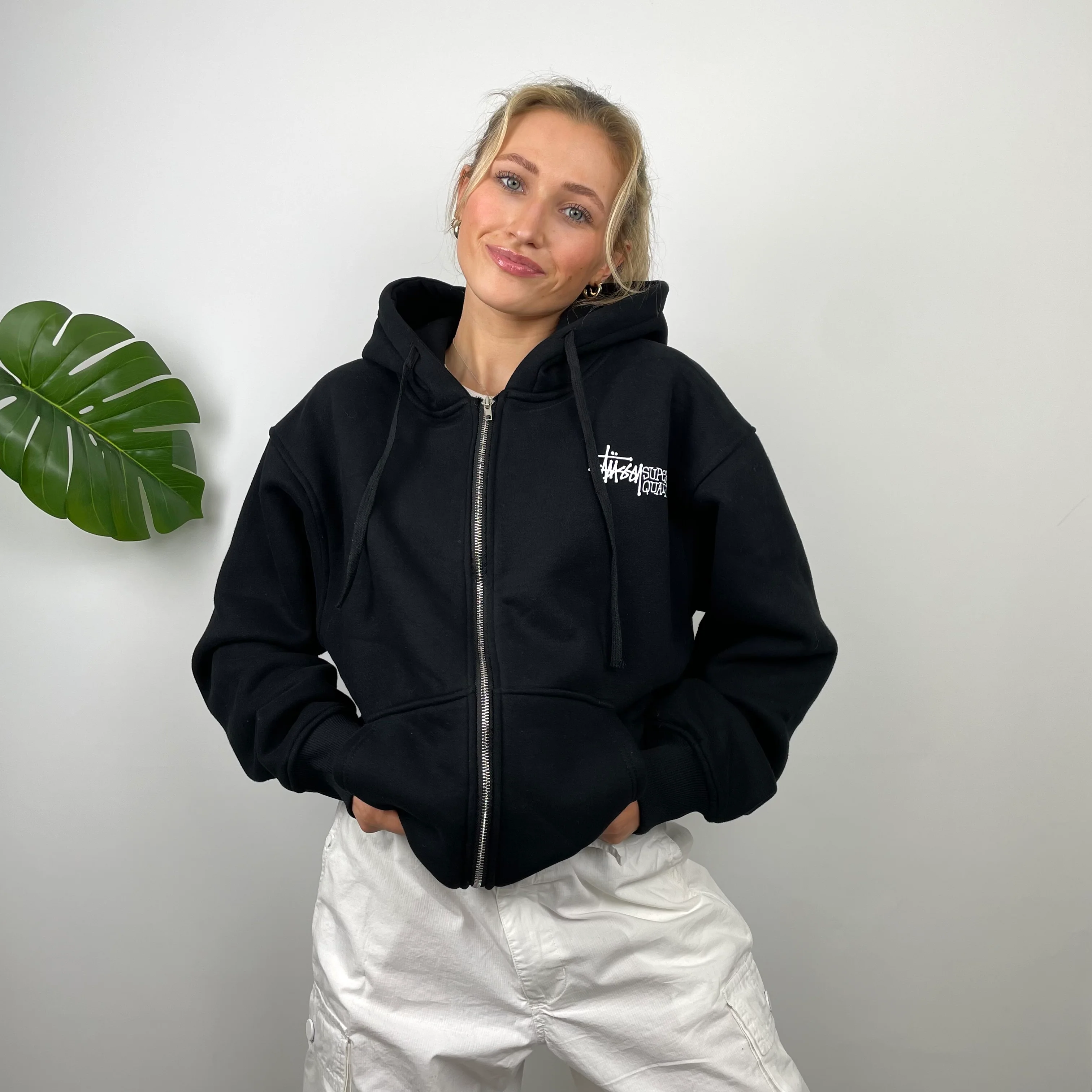 Stussy Black Spell Out Zip Up Hoodie (M) - Image 2