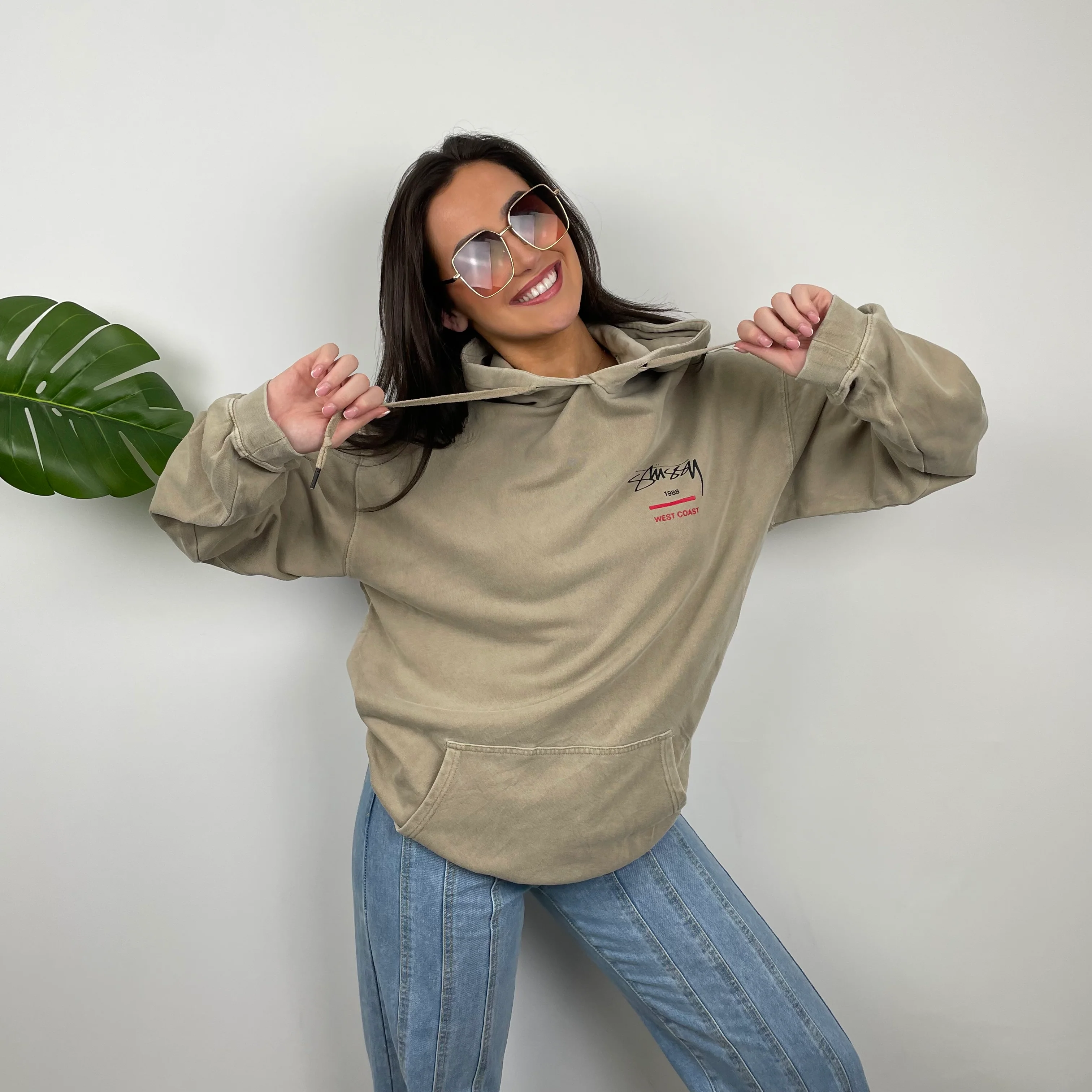 Stussy Brown Embroidered Spell Out Hoodie (L) - Image 2