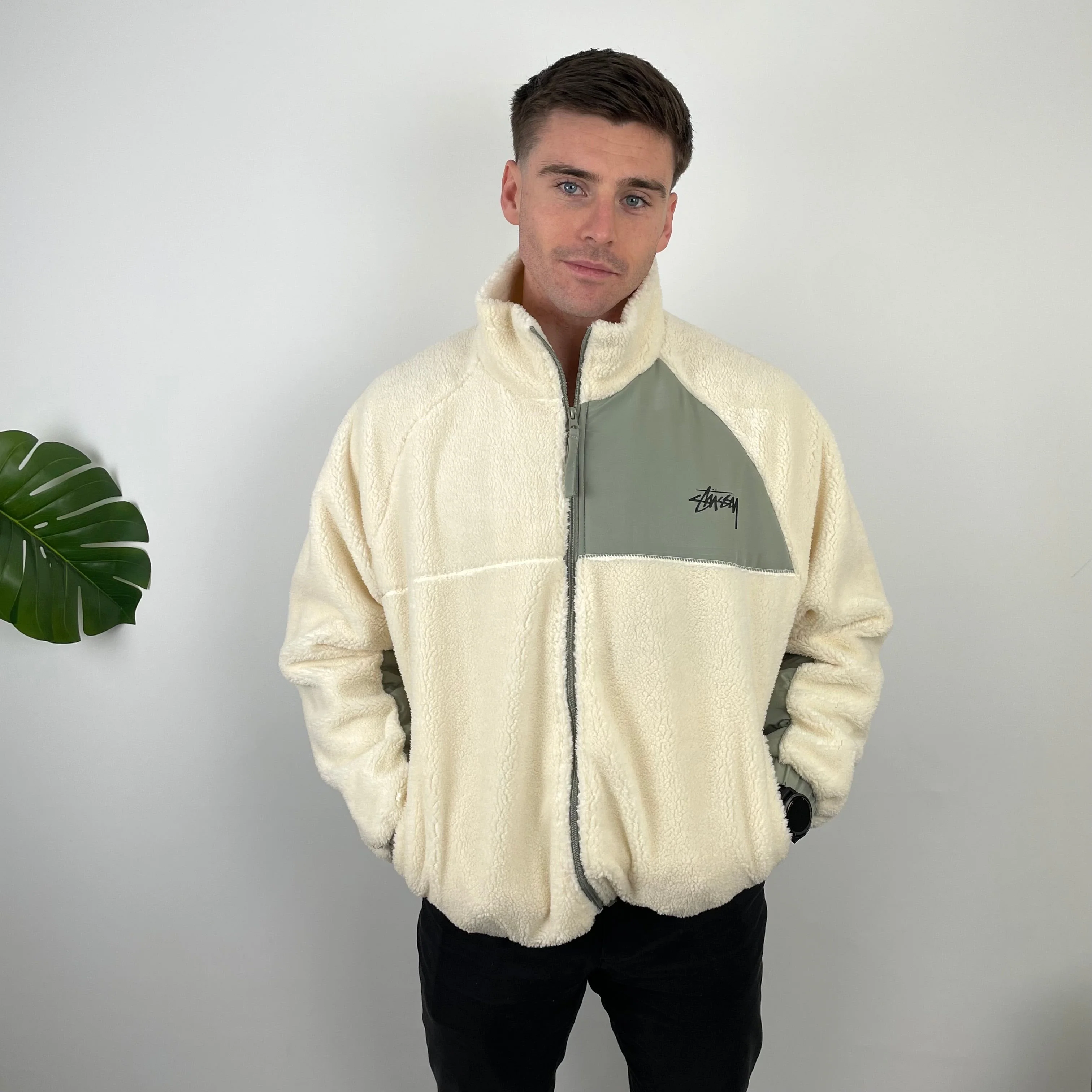 Stussy Cream Teddy Bear Sherpa Fleece Zip Up Jacket (L)