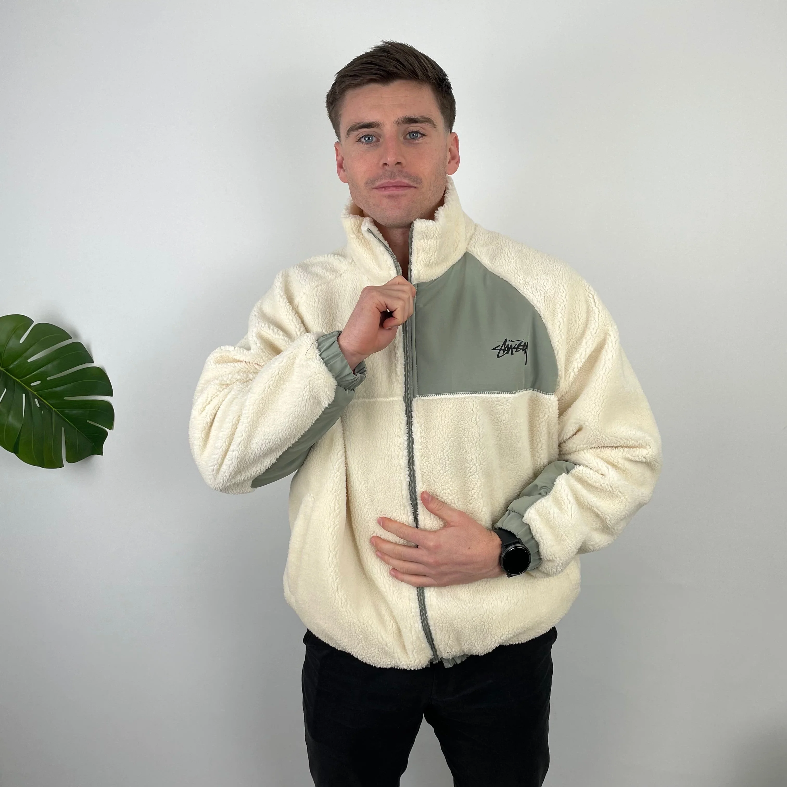 Stussy Cream Teddy Bear Sherpa Fleece Zip Up Jacket (L) - Image 2