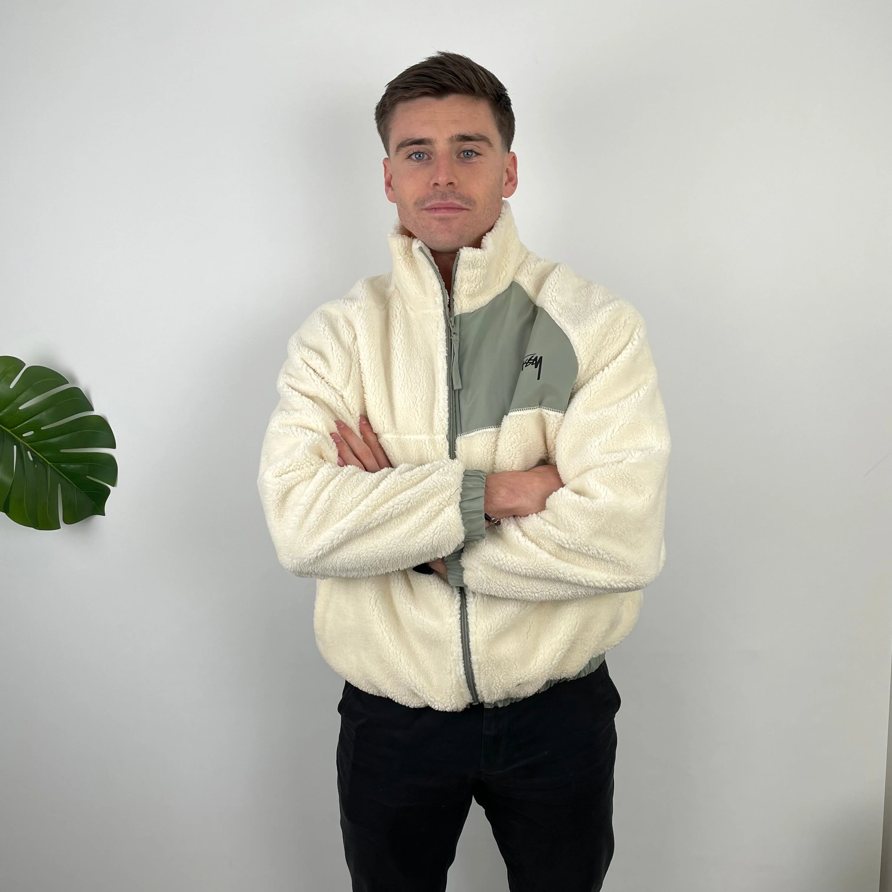 Stussy Cream Teddy Bear Sherpa Fleece Zip Up Jacket (L) - Image 3