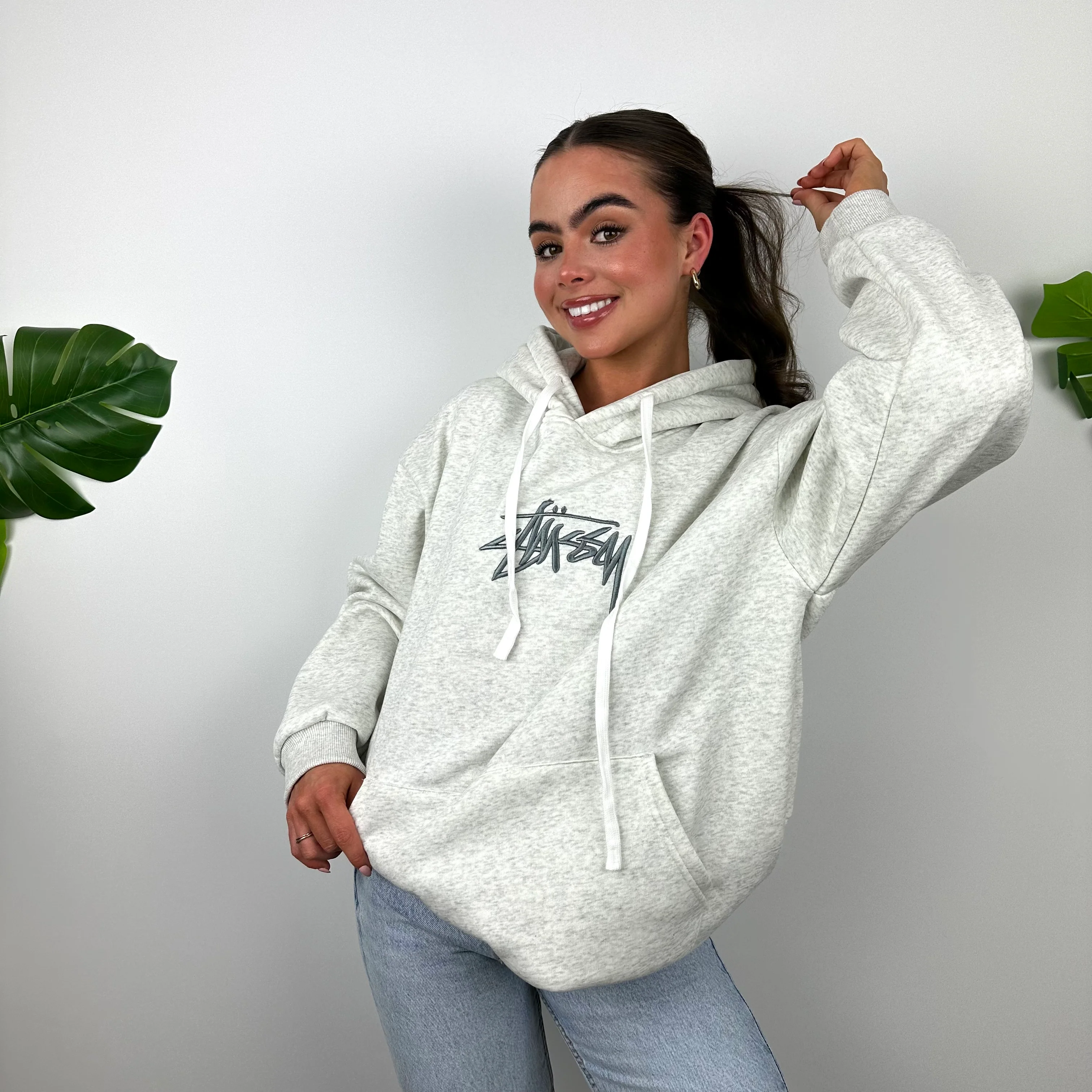 Stussy Grey Embroidered Spell Out Hoodie (L) - Image 2