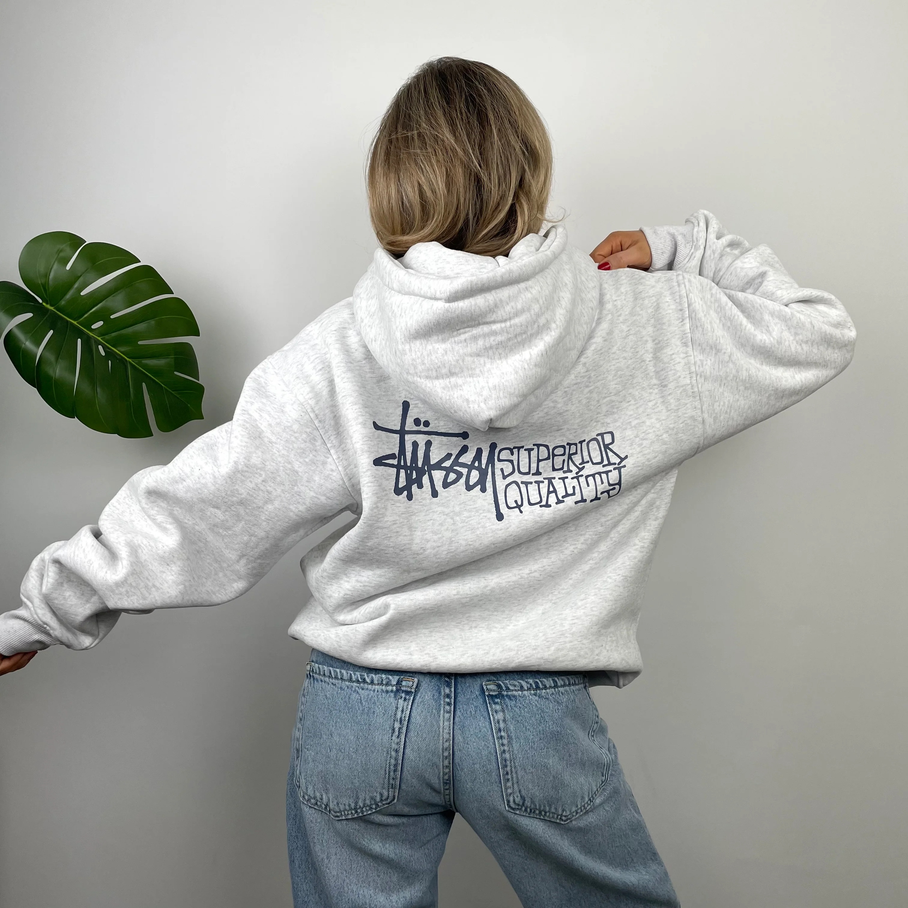 Stussy Grey Embroidered Zip Up Hoodie (M) - Image 2