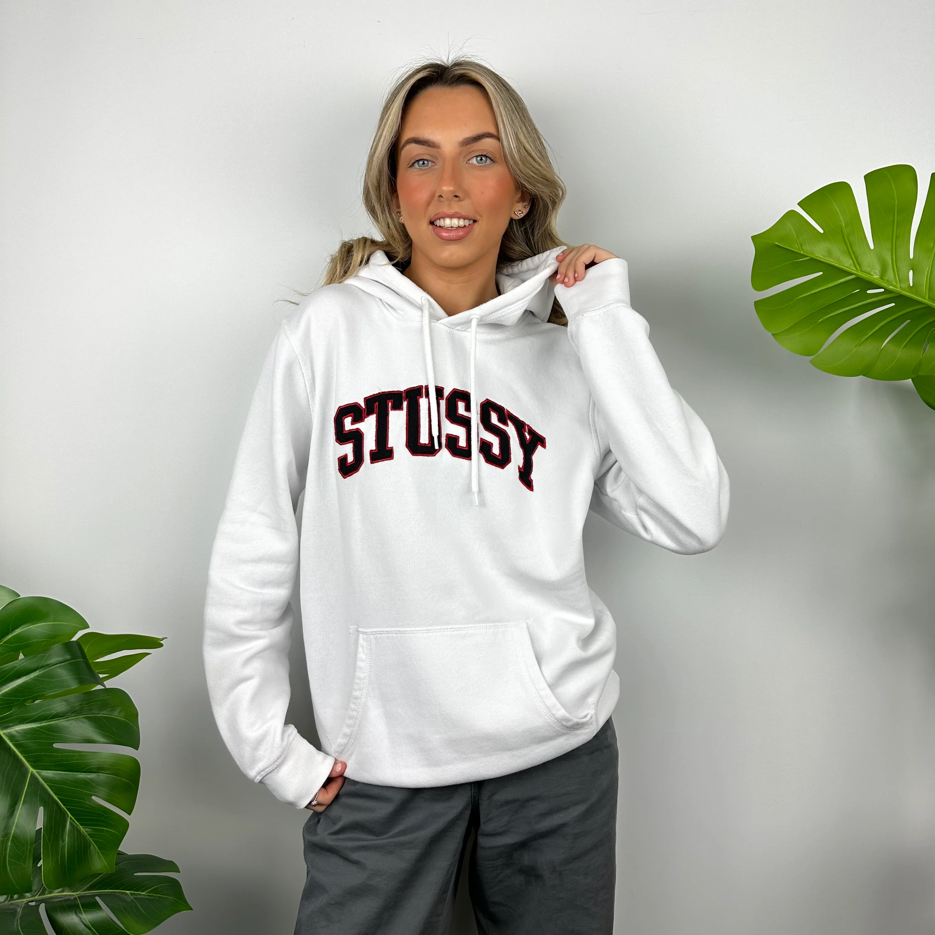 Stussy White Embroidered Spell Out Hoodie (M) - Image 2