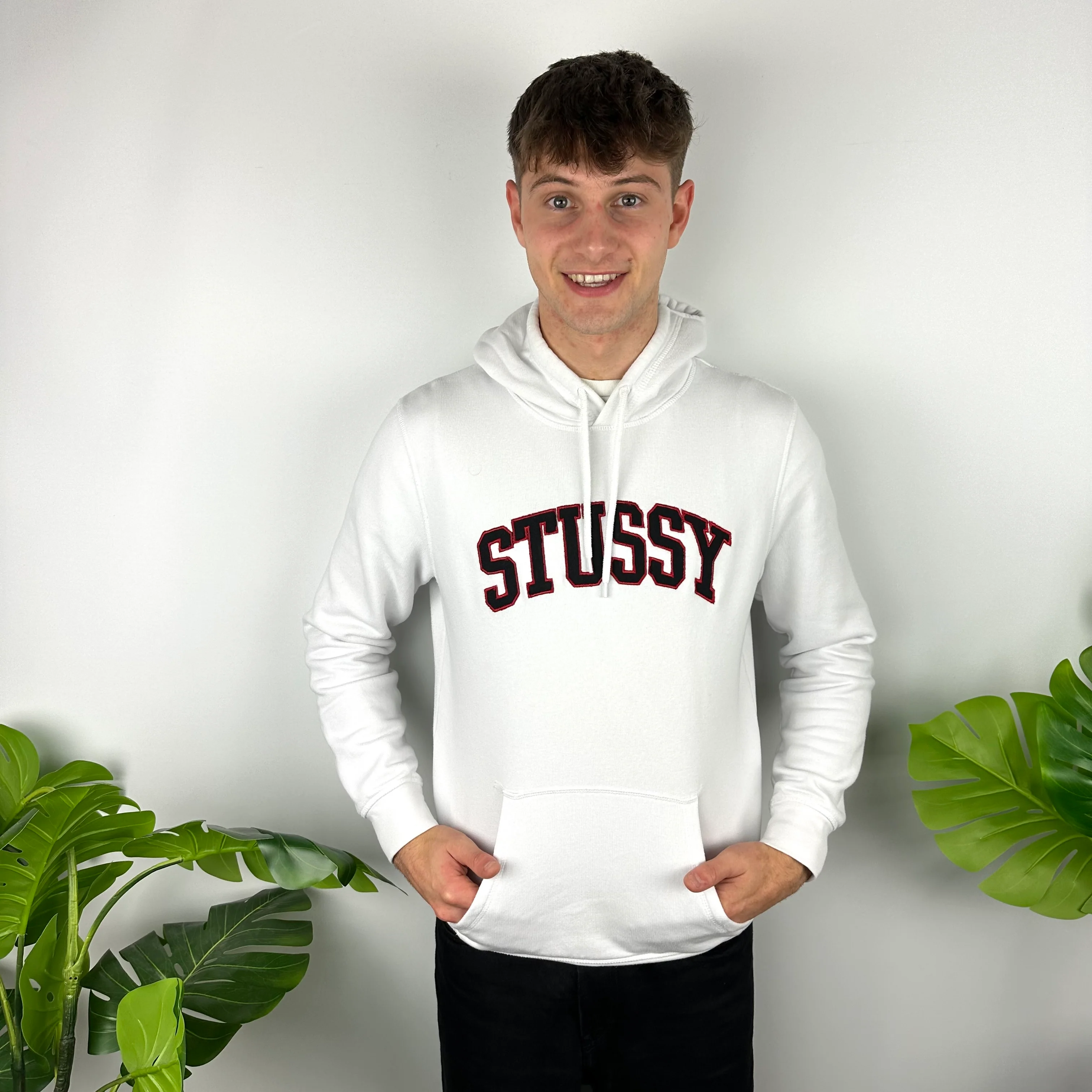 Stussy White Embroidered Spell Out Hoodie (M) - Image 2