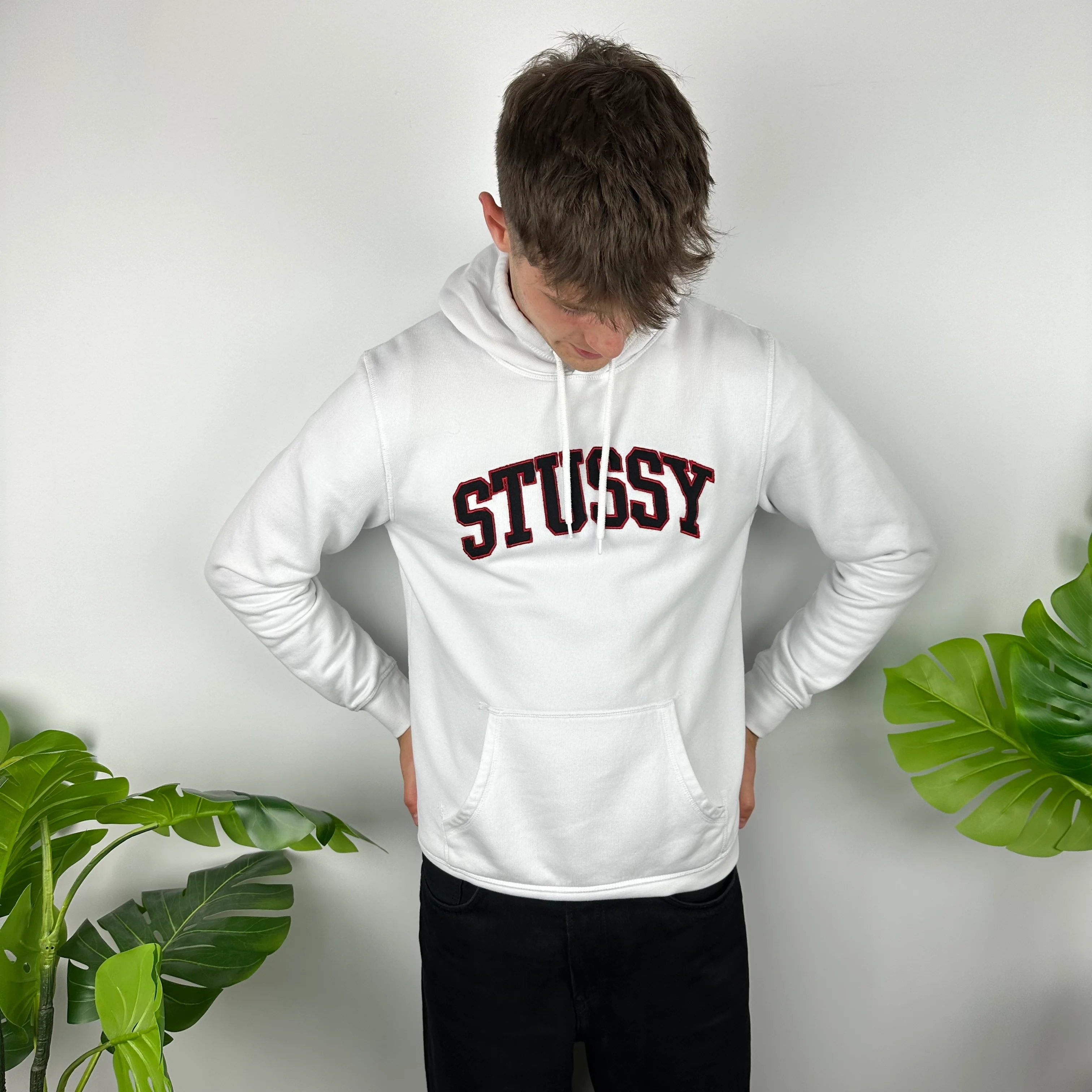 Stussy White Embroidered Spell Out Hoodie (M) - Image 3
