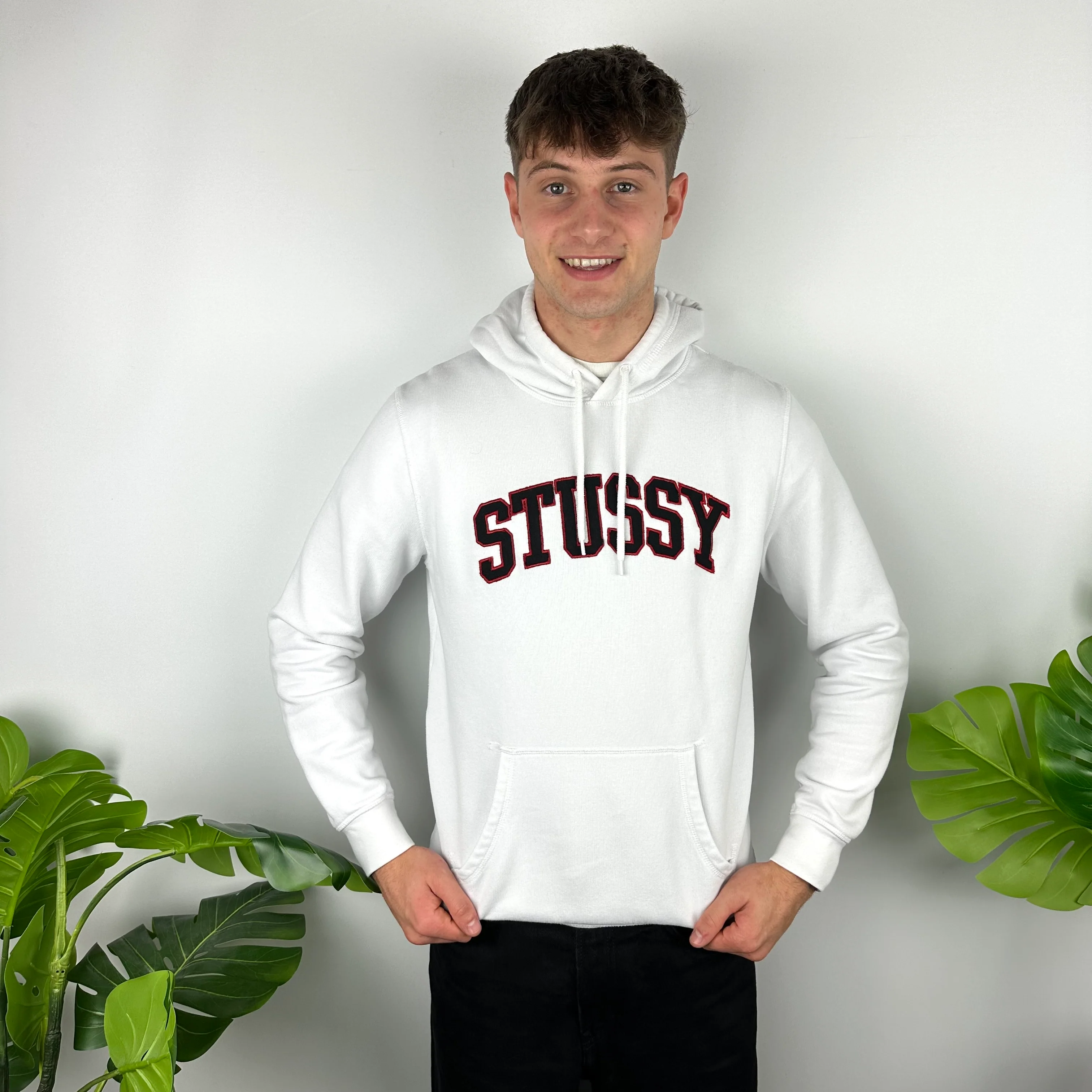Stussy White Embroidered Spell Out Hoodie (M) - Image 5