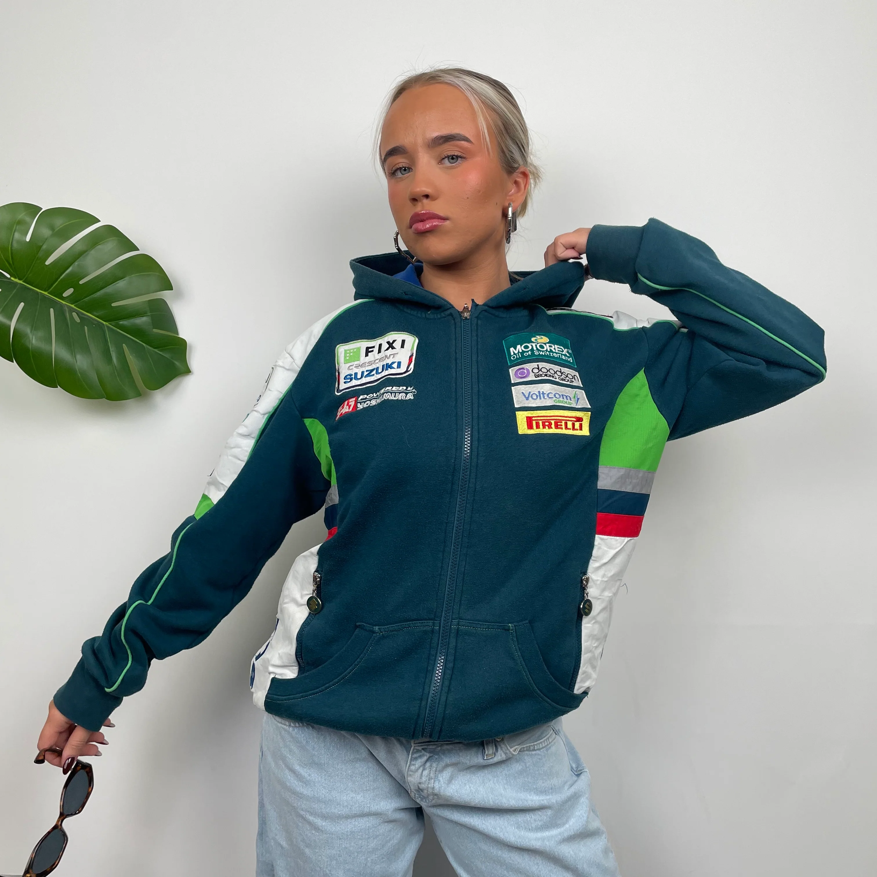 Suzuki Racing RARE Turquoise Embroidered Spell Out Zip Up Hoodie Jacket (M) - Image 3