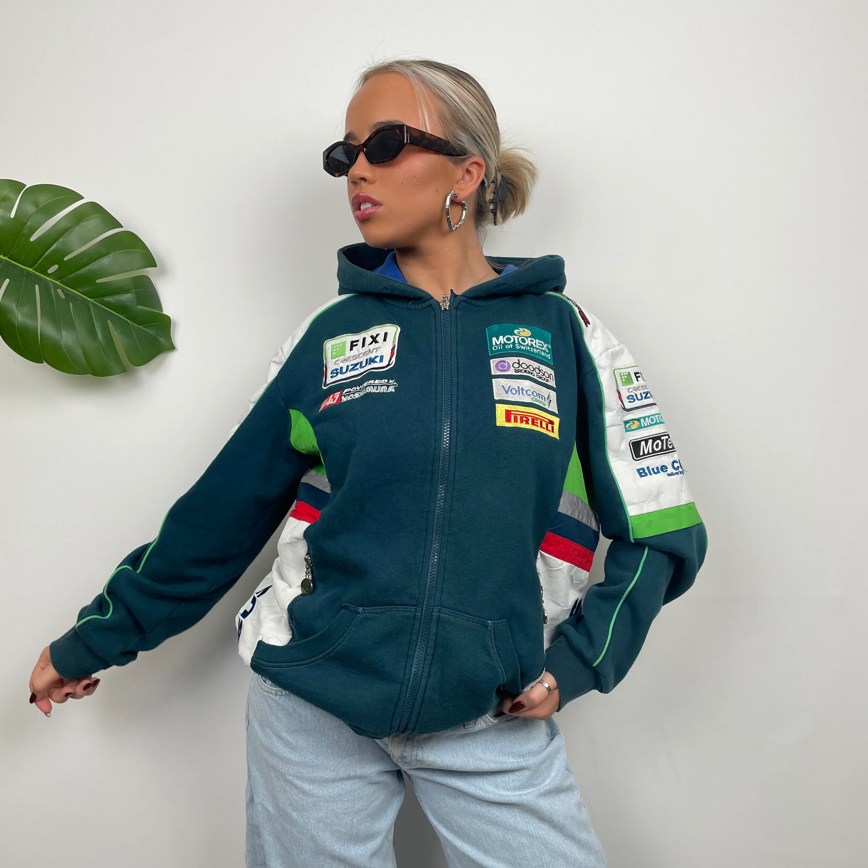 Suzuki Racing RARE Turquoise Embroidered Spell Out Zip Up Hoodie Jacket (M) - Image 8