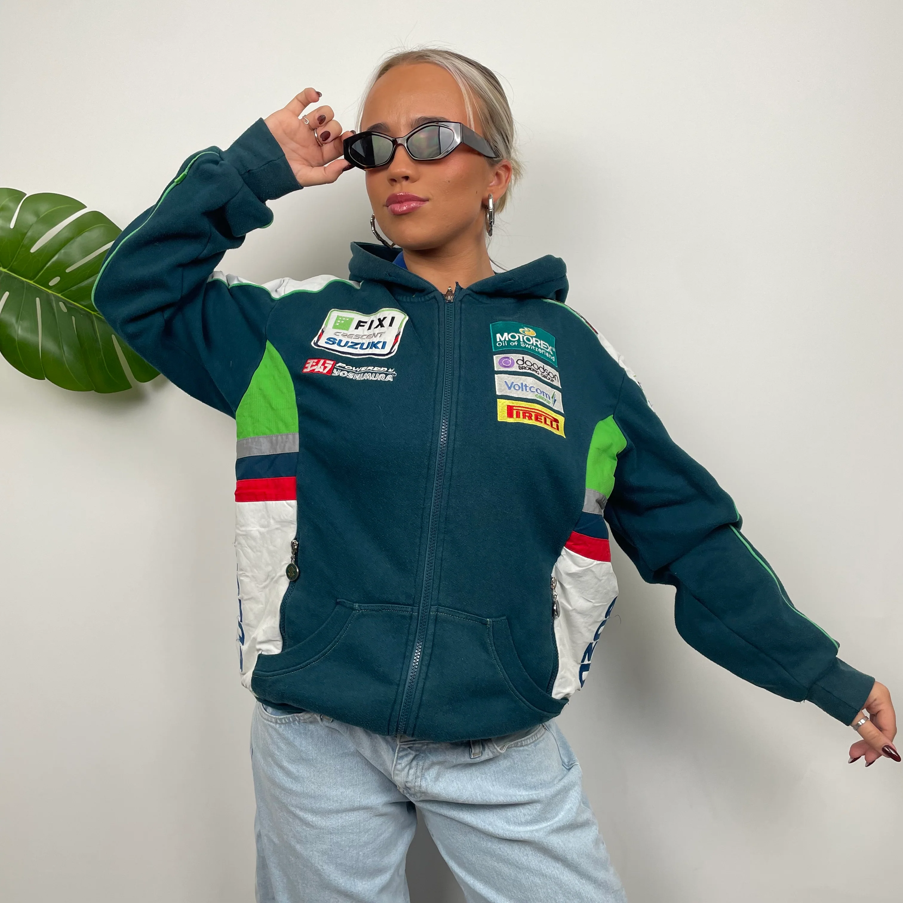 Suzuki Racing RARE Turquoise Embroidered Spell Out Zip Up Hoodie Jacket (M) - Image 9