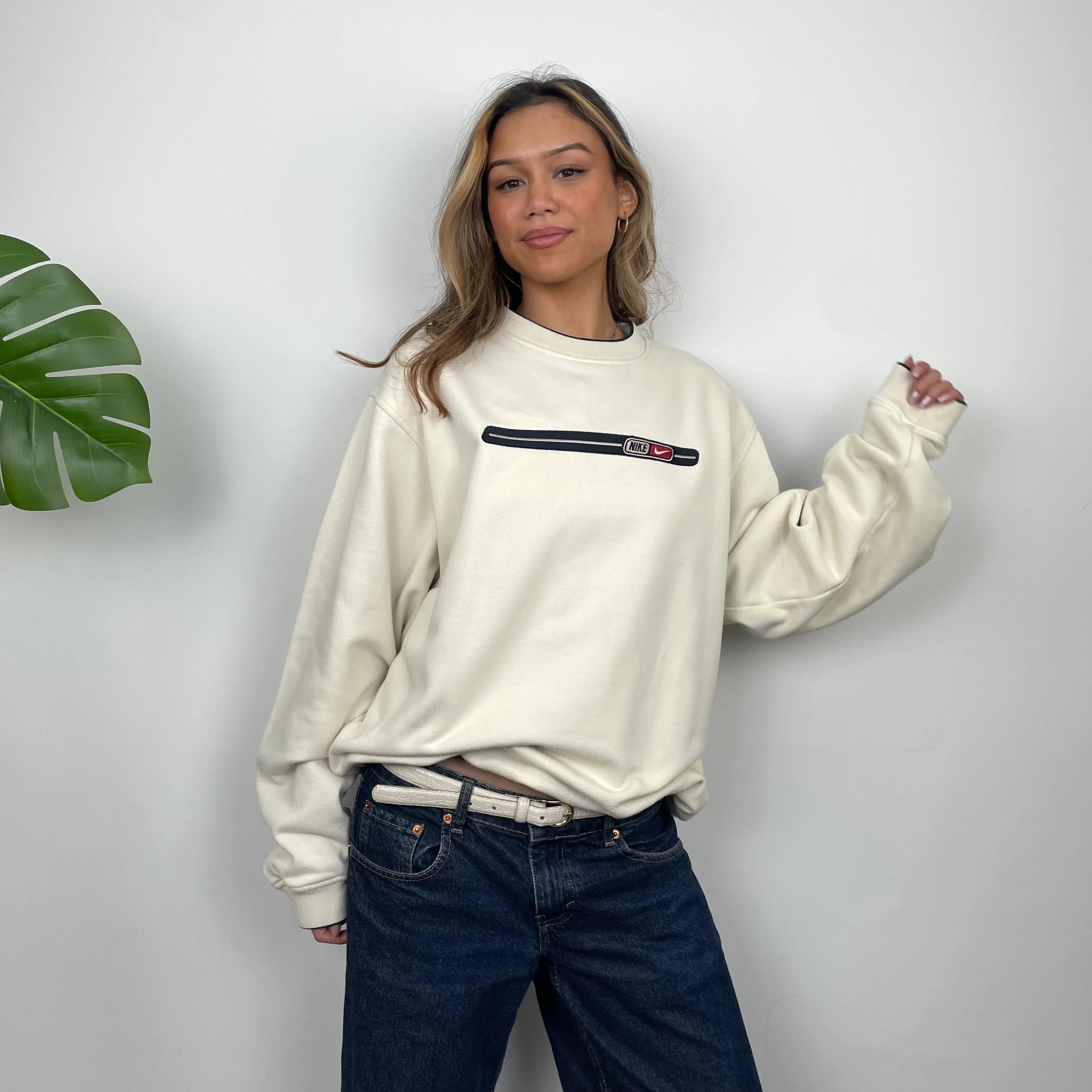 Nike Cream Embroidered Spell Out Sweatshirt (M) - Image 2