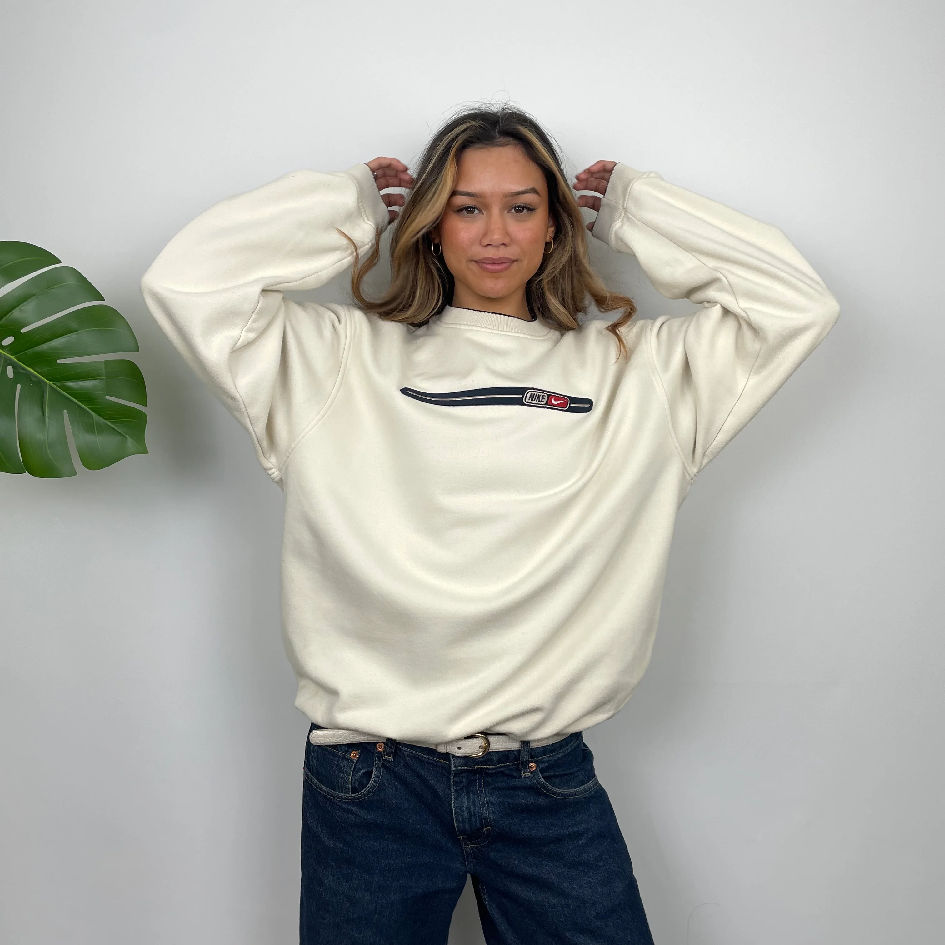 Nike Cream Embroidered Spell Out Sweatshirt (M) - Image 3
