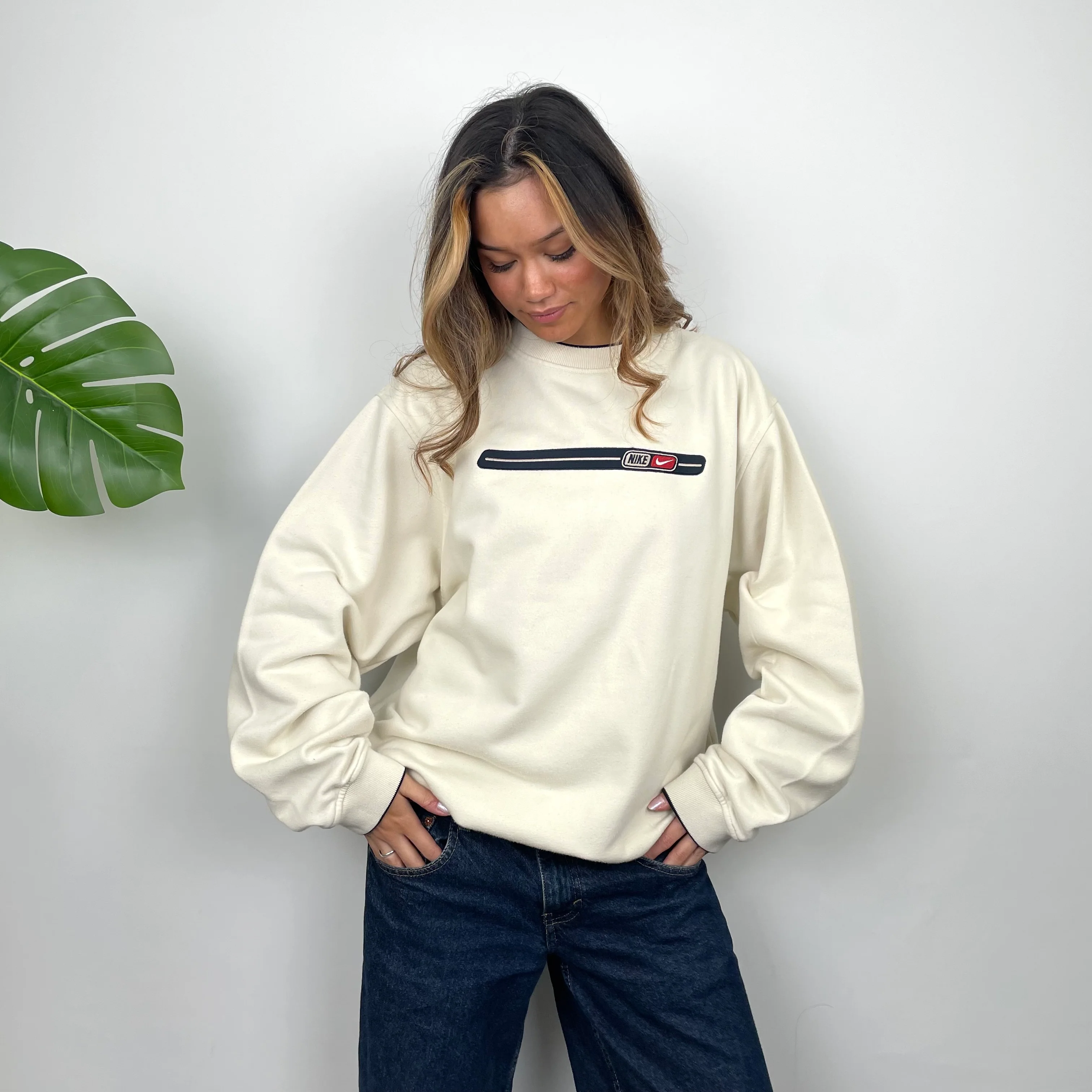 Nike Cream Embroidered Spell Out Sweatshirt (M) - Image 4