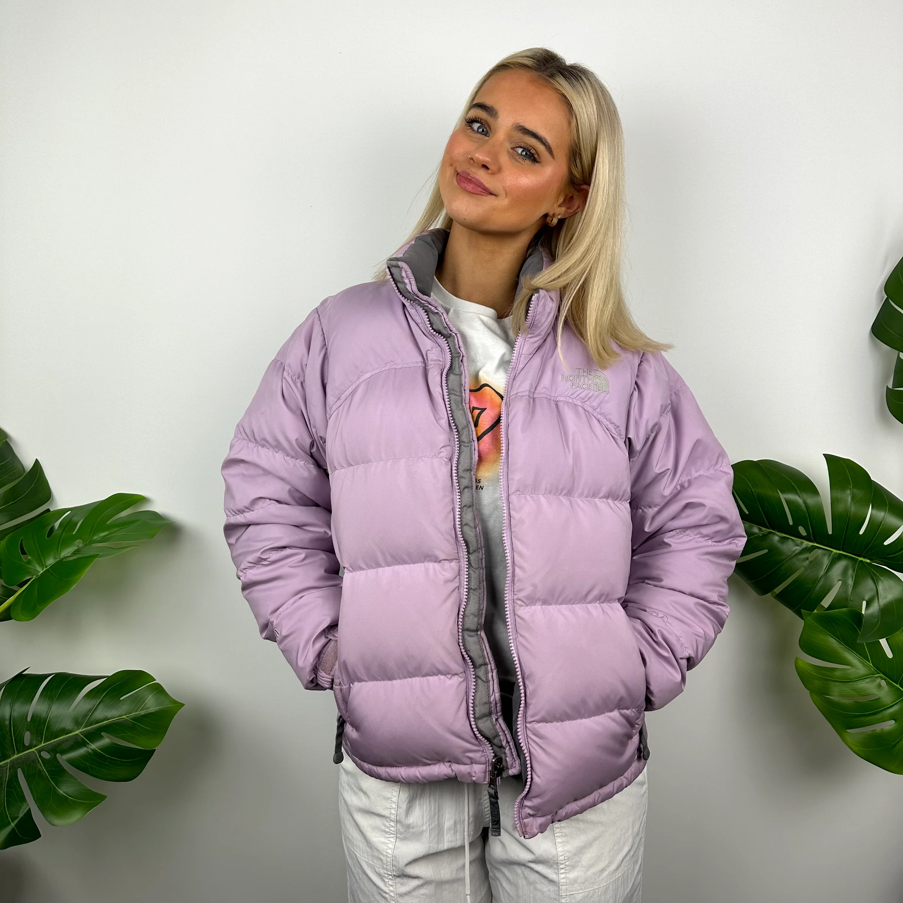 The North Face Parma Violet Embroidered Spell Out Puffer Jacket (S)