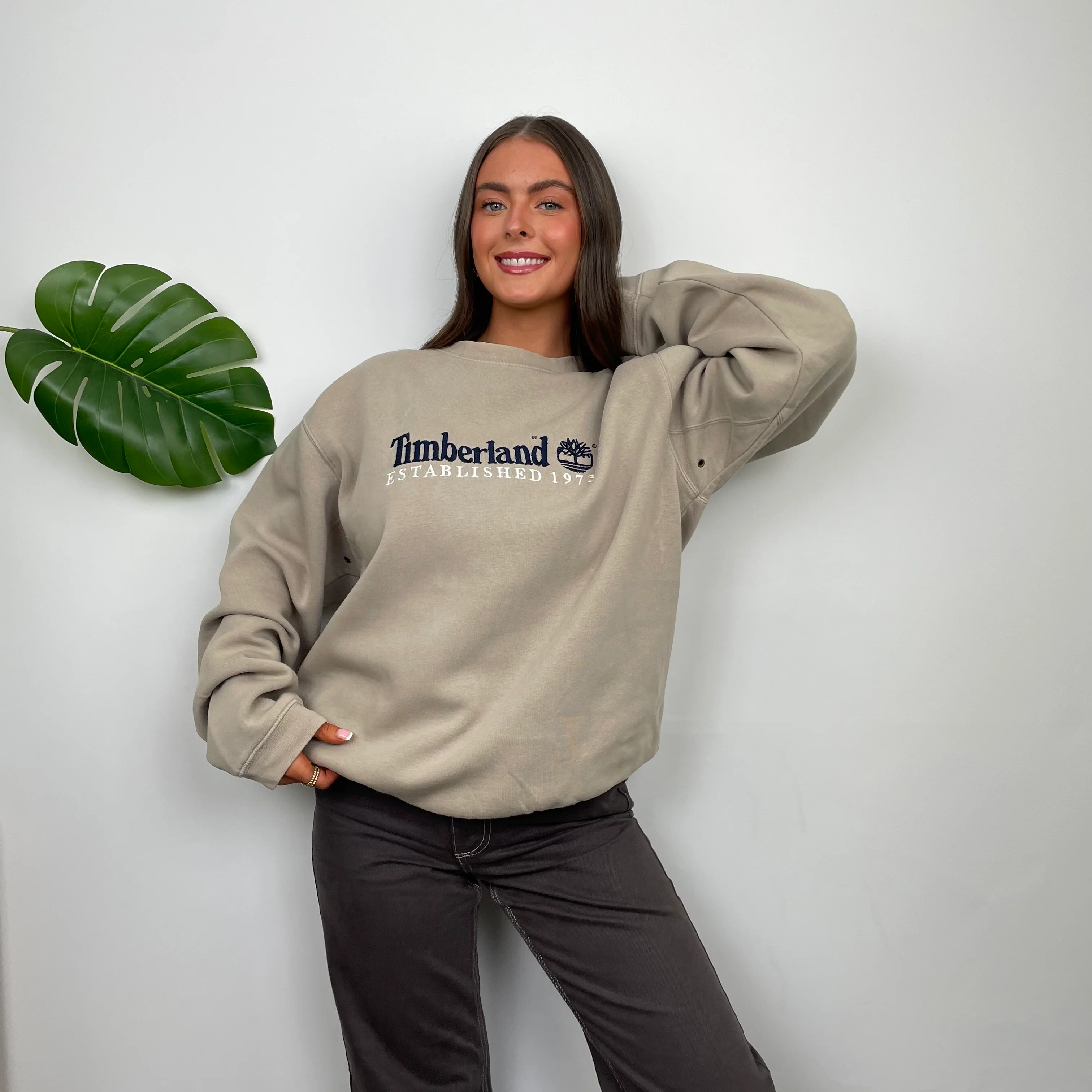 Timberland Beige Embroidered Spell Out Sweatshirt (L) - Image 2