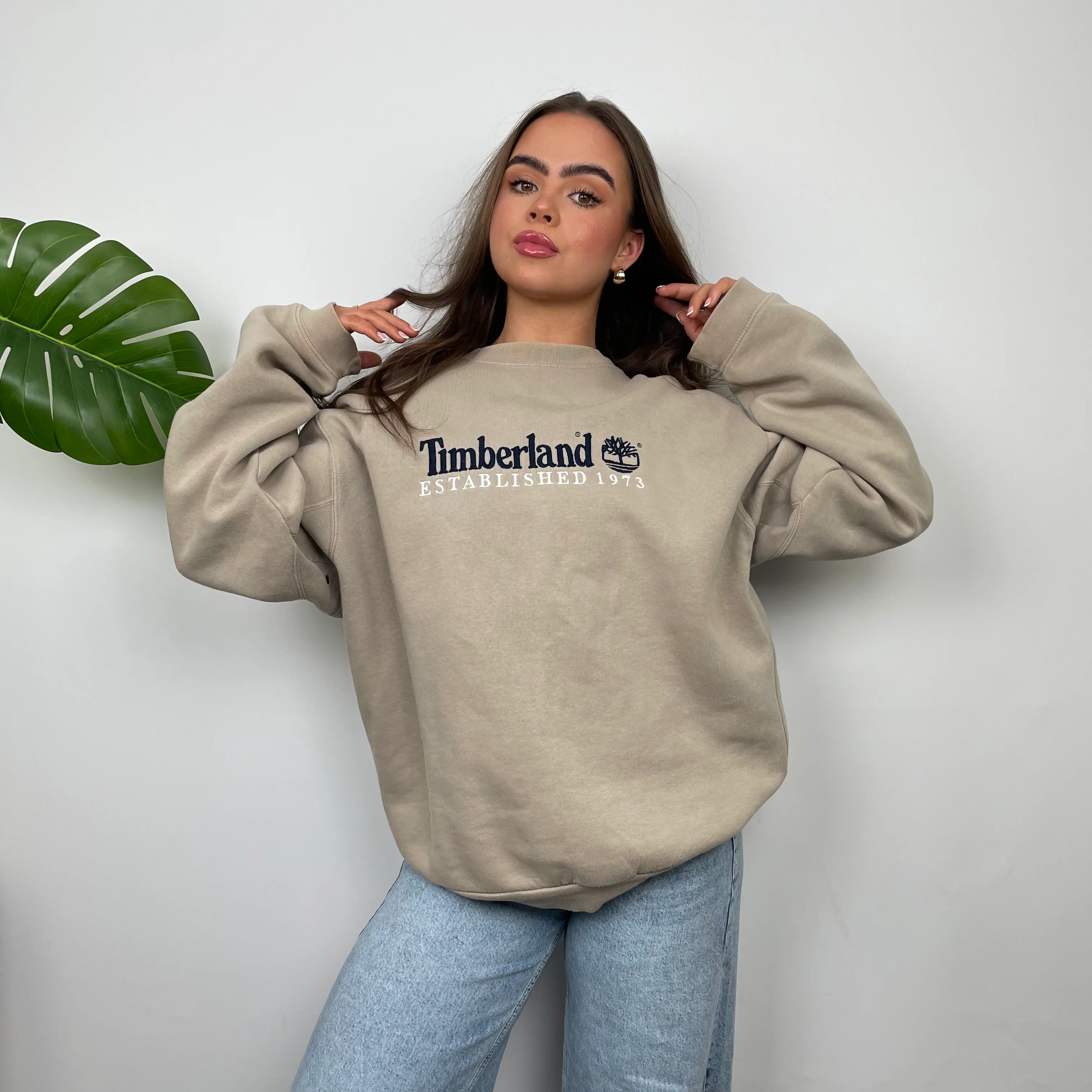 Timberland Beige Embroidered Spell Out Sweatshirt (L) - Image 2