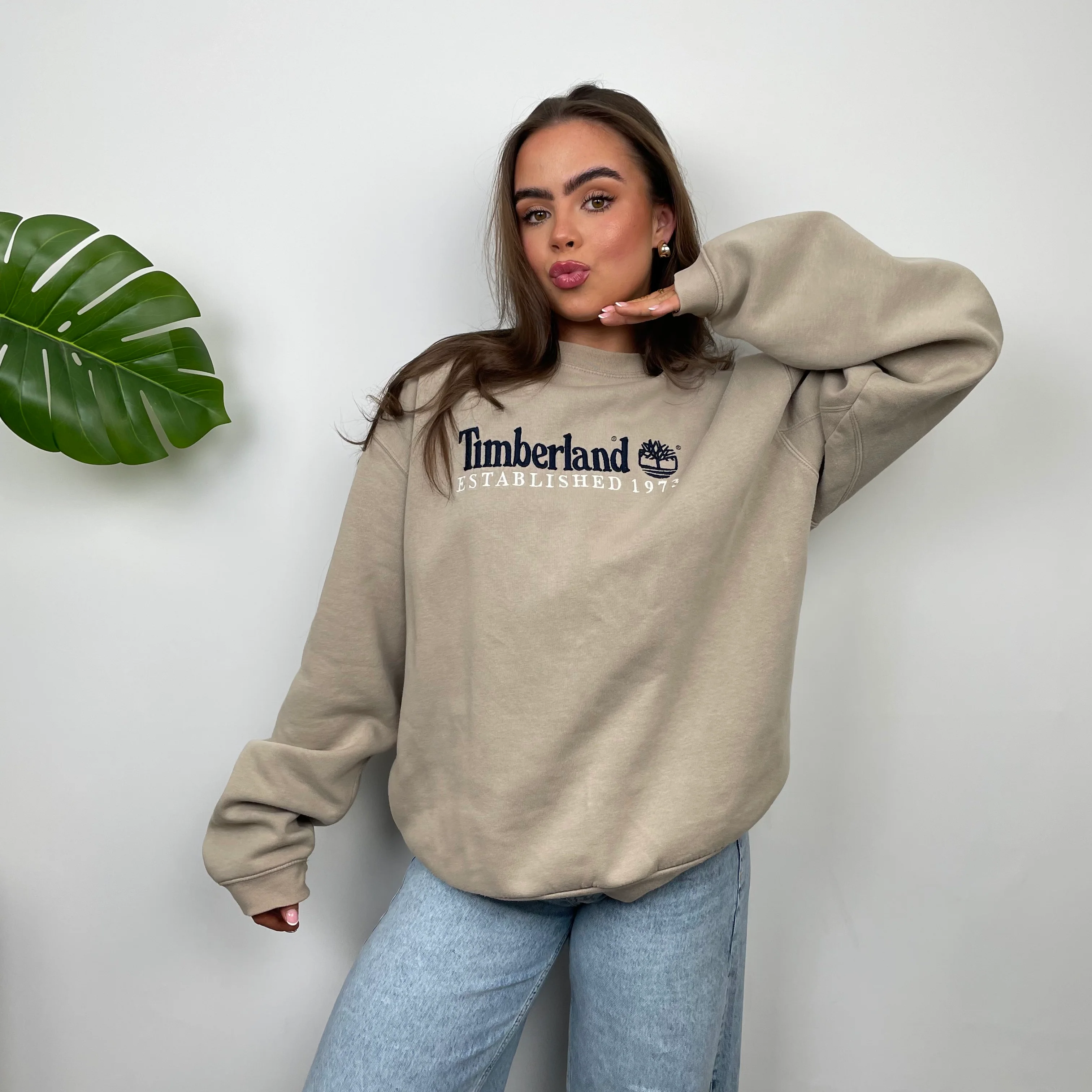 Timberland Beige Embroidered Spell Out Sweatshirt (L) - Image 3