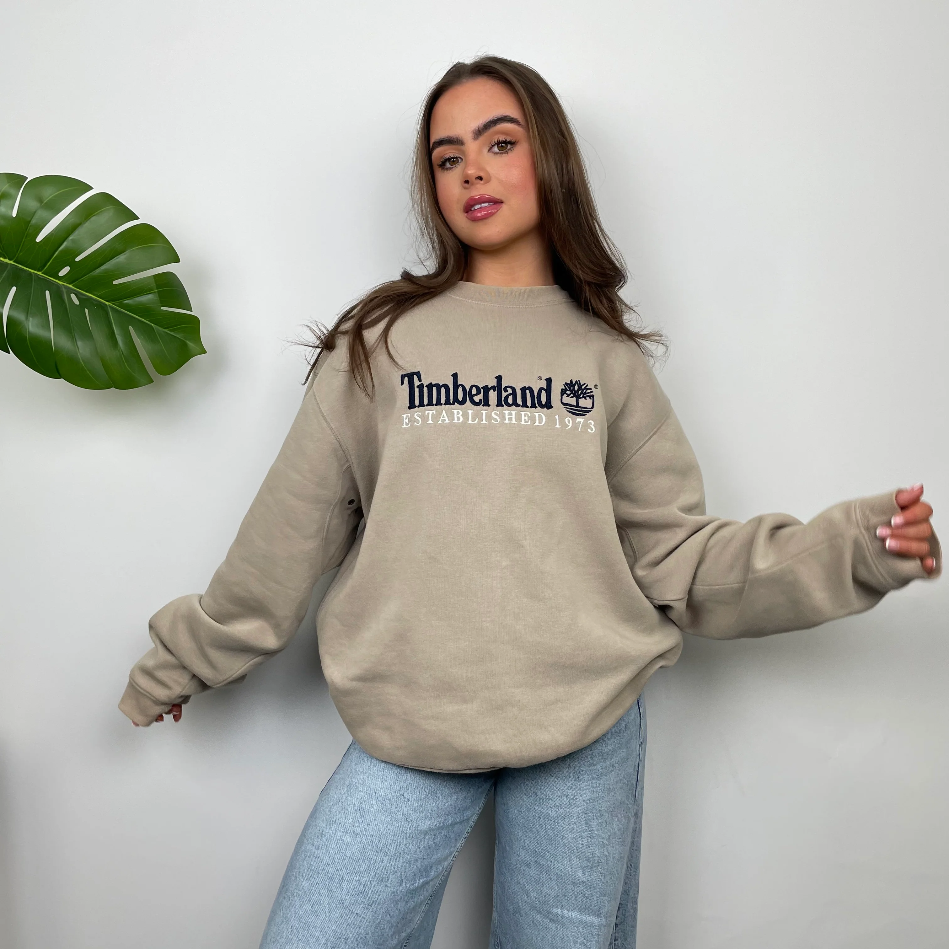 Timberland Beige Embroidered Spell Out Sweatshirt (L) - Image 5
