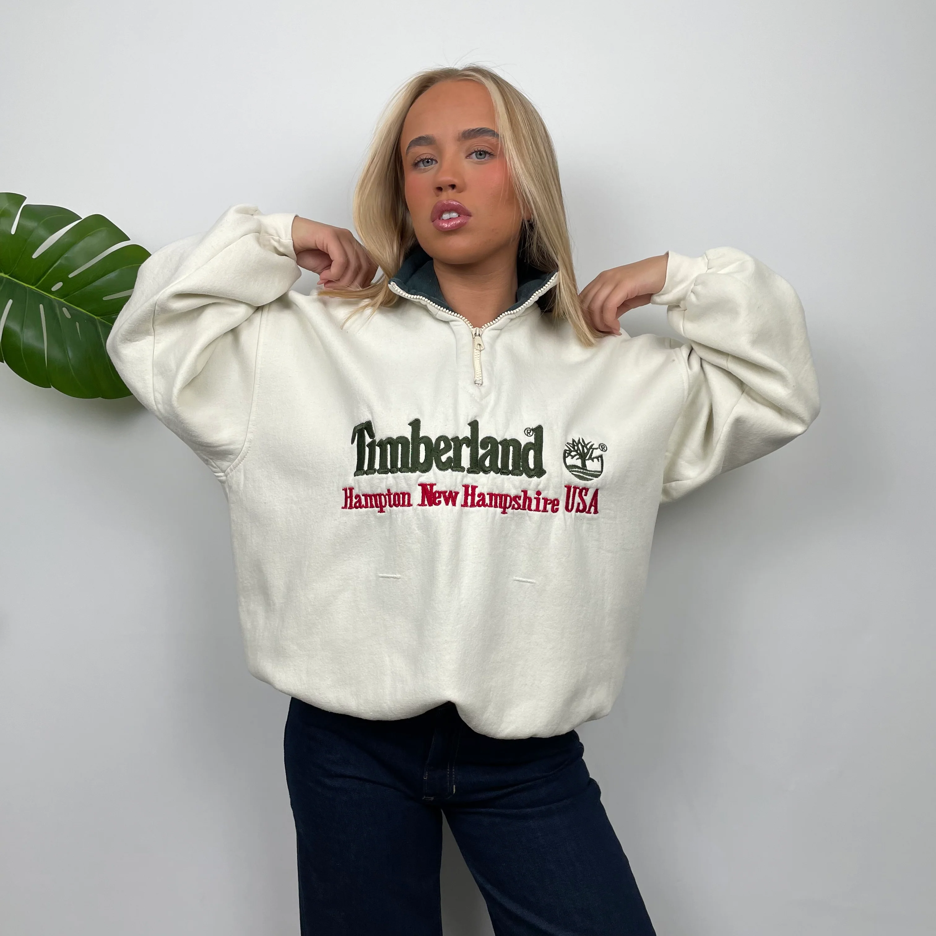 Timberland Cream Embroidered Spell Out Quarter Zip Sweatshirt (M) - Image 10
