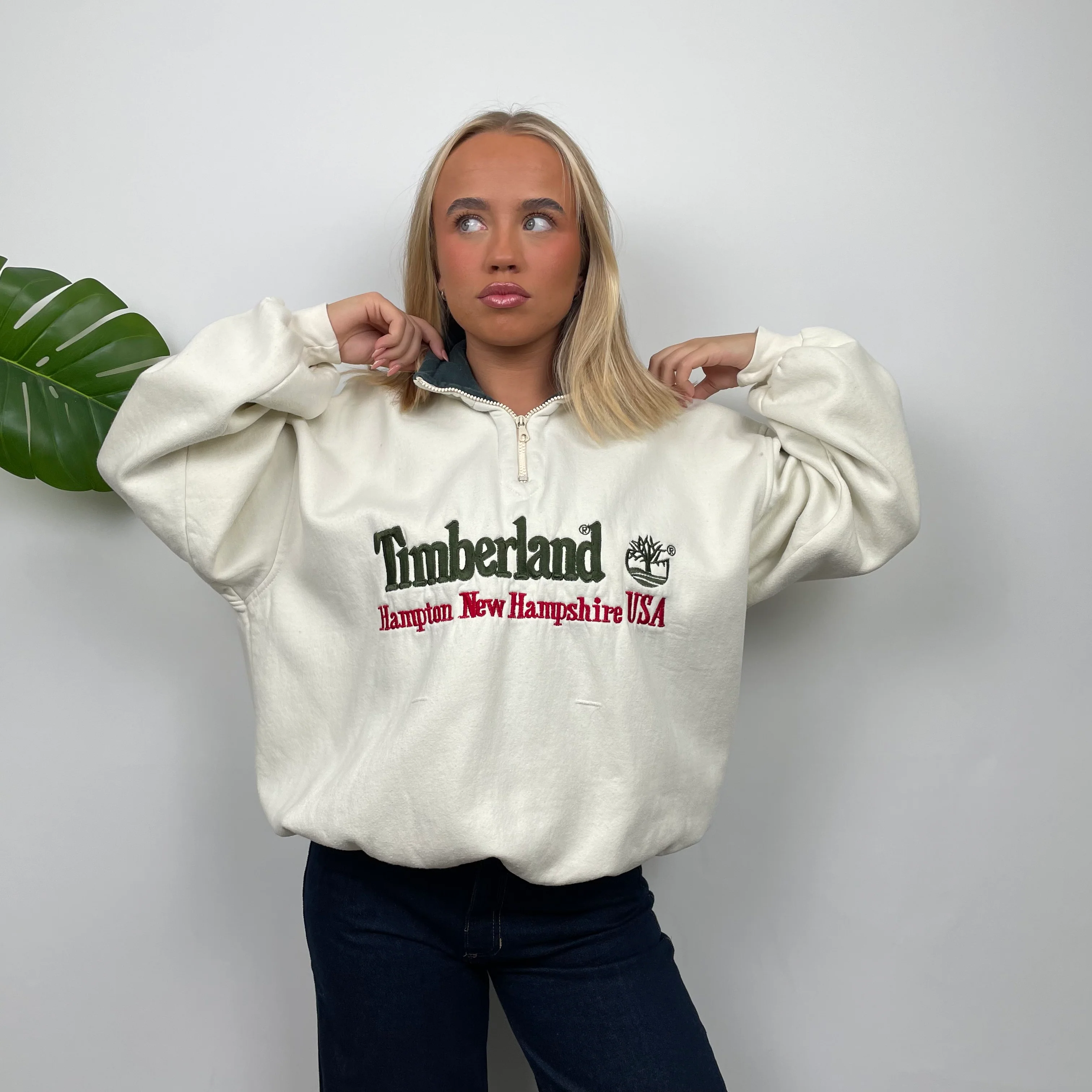 Timberland Cream Embroidered Spell Out Quarter Zip Sweatshirt (M) - Image 11