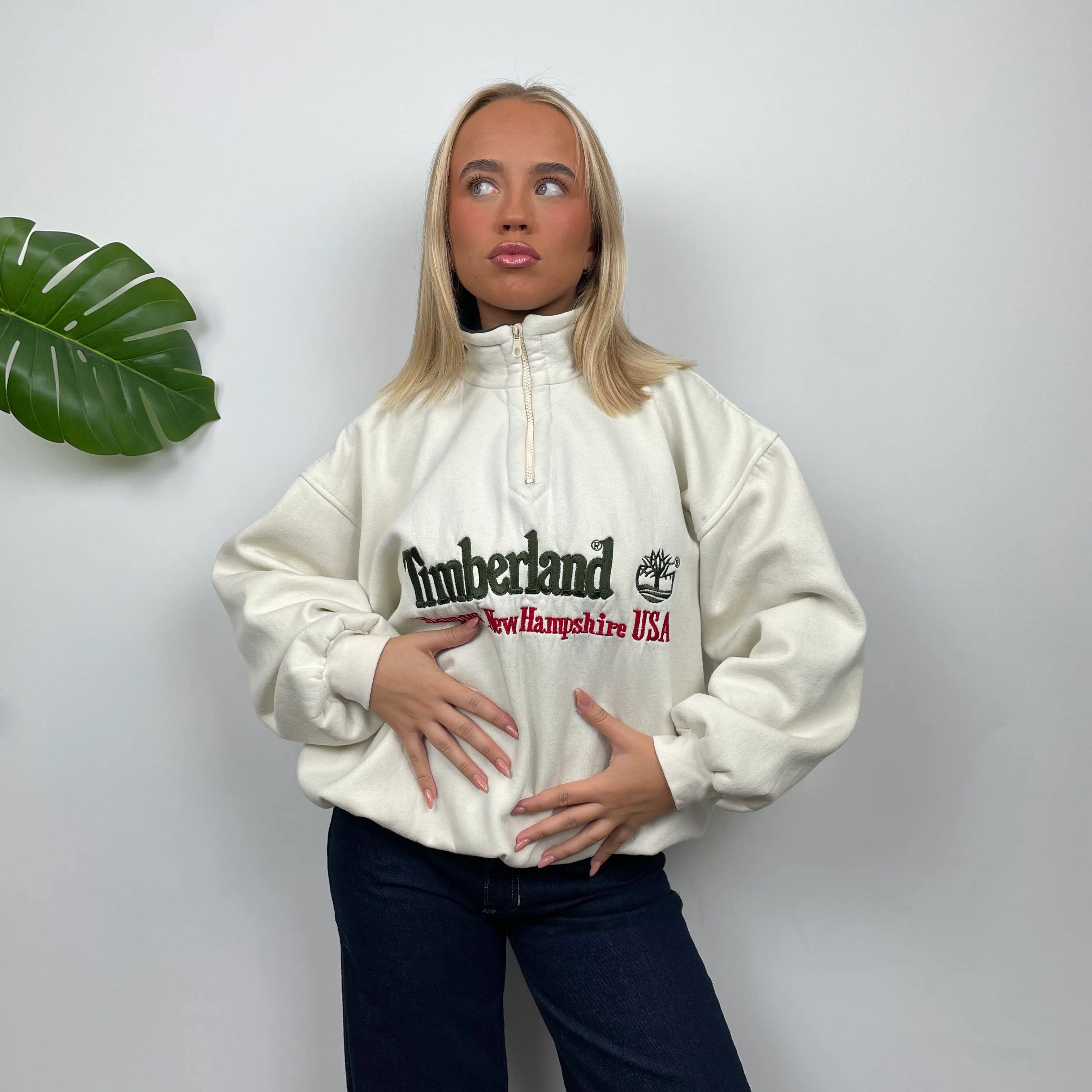 Timberland Cream Embroidered Spell Out Quarter Zip Sweatshirt (M) - Image 12