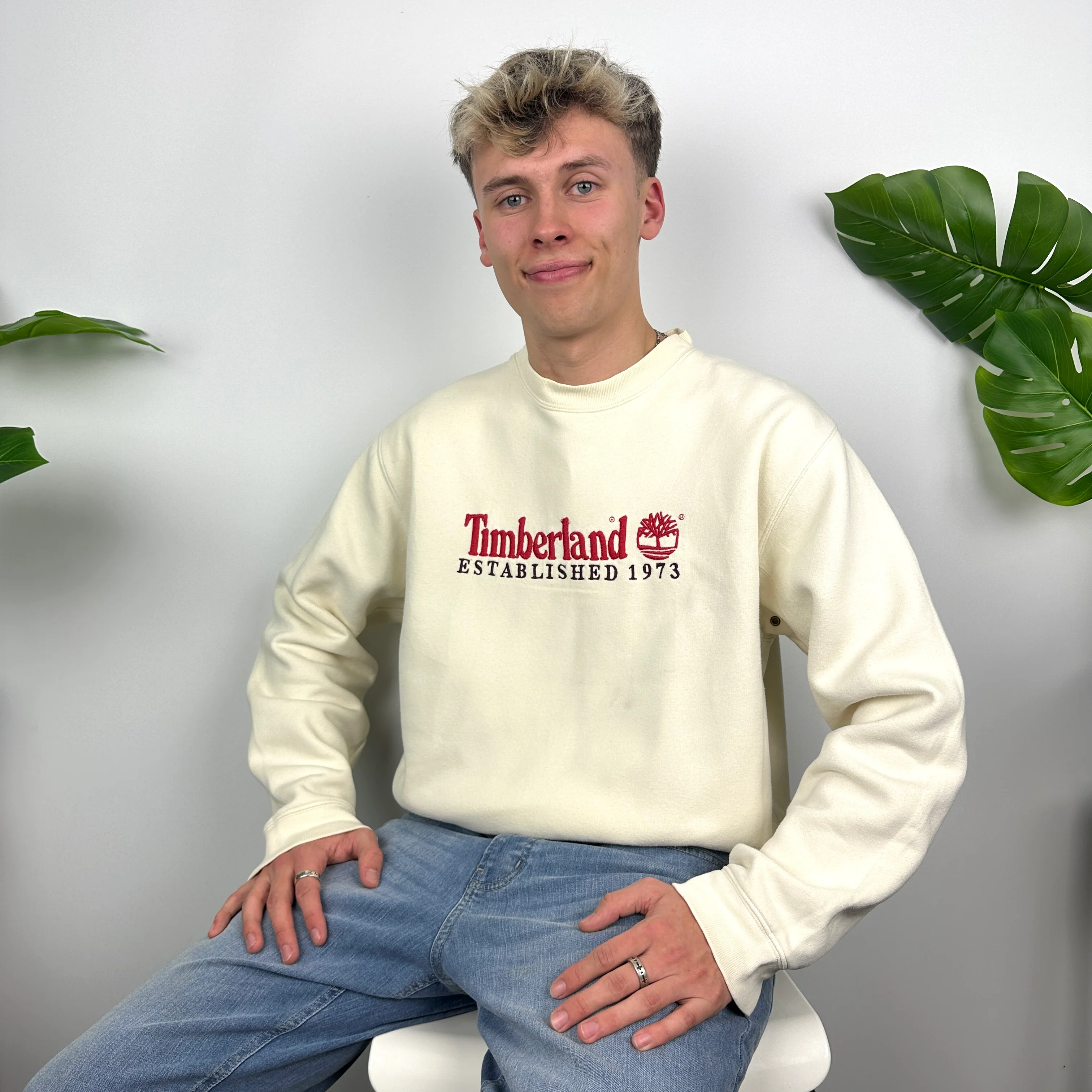 Timberland Cream Embroidered Spell Out Sweatshirt (M) - Image 3