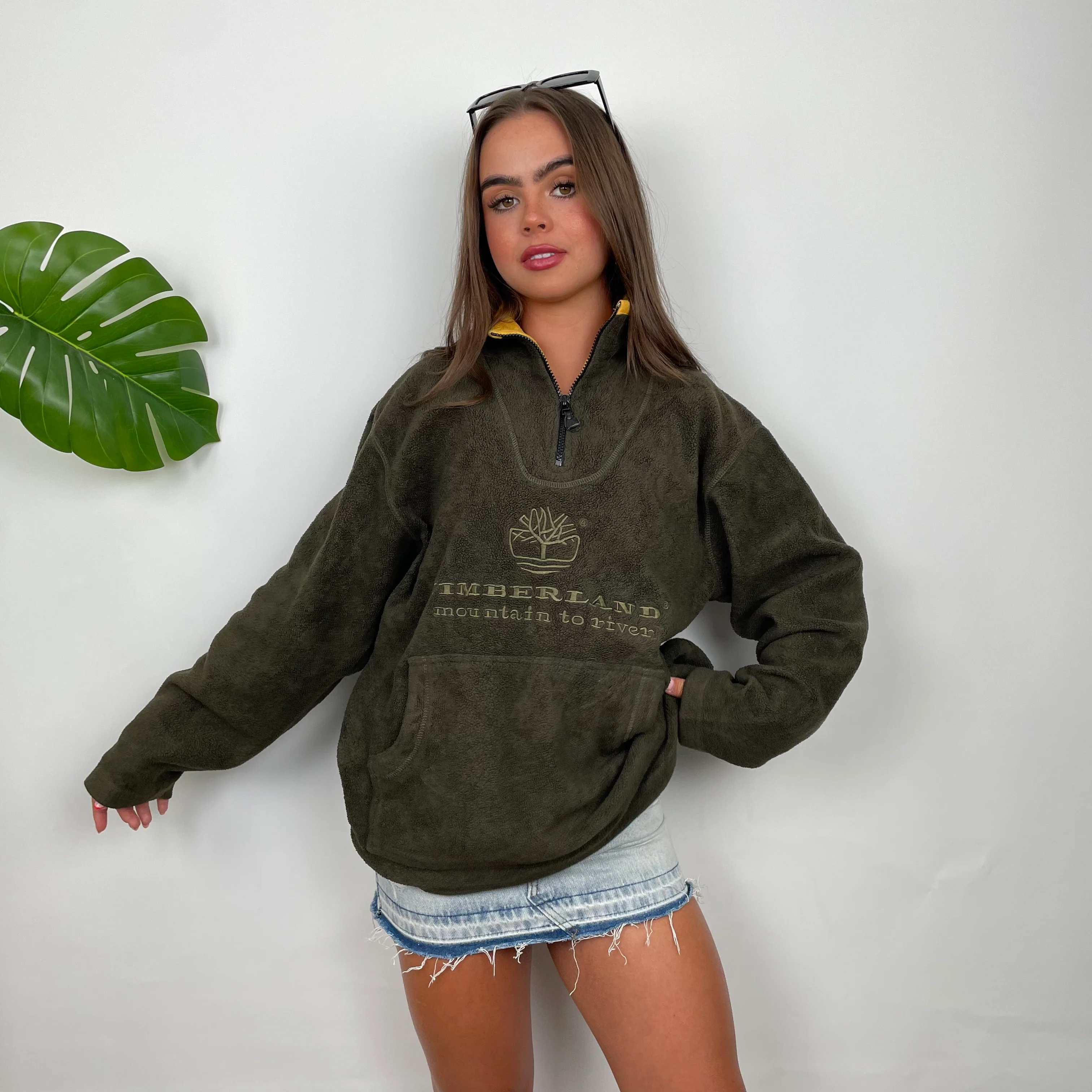 Timberland Green Embroidered Spell Out Teddy Bear Fleece Quarter Zip Sweatshirt (M) - Image 2