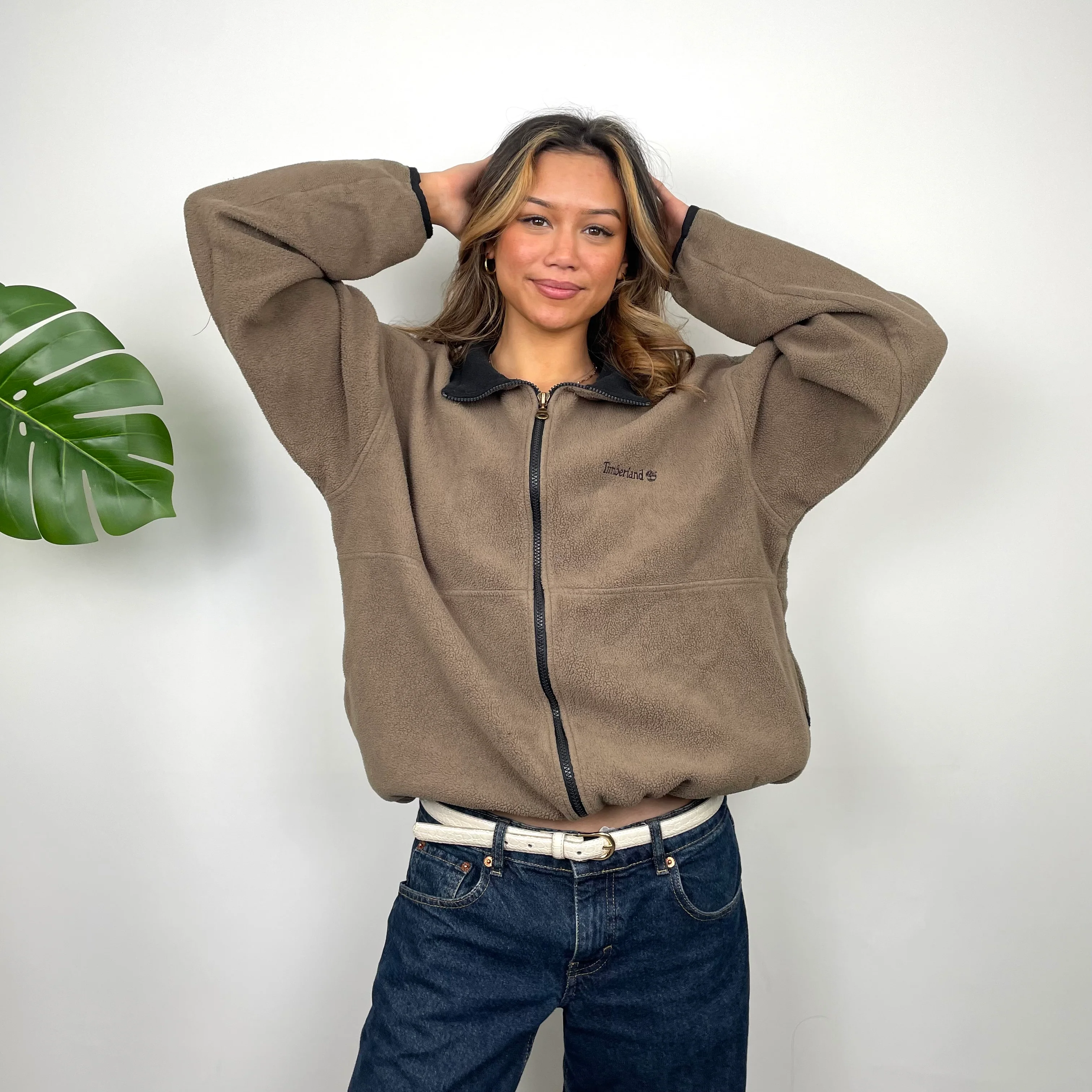 Timberland RARE Brown Embroidered Spell Out Logo Teddy Bear Fleece Zip Up Jacket (M)