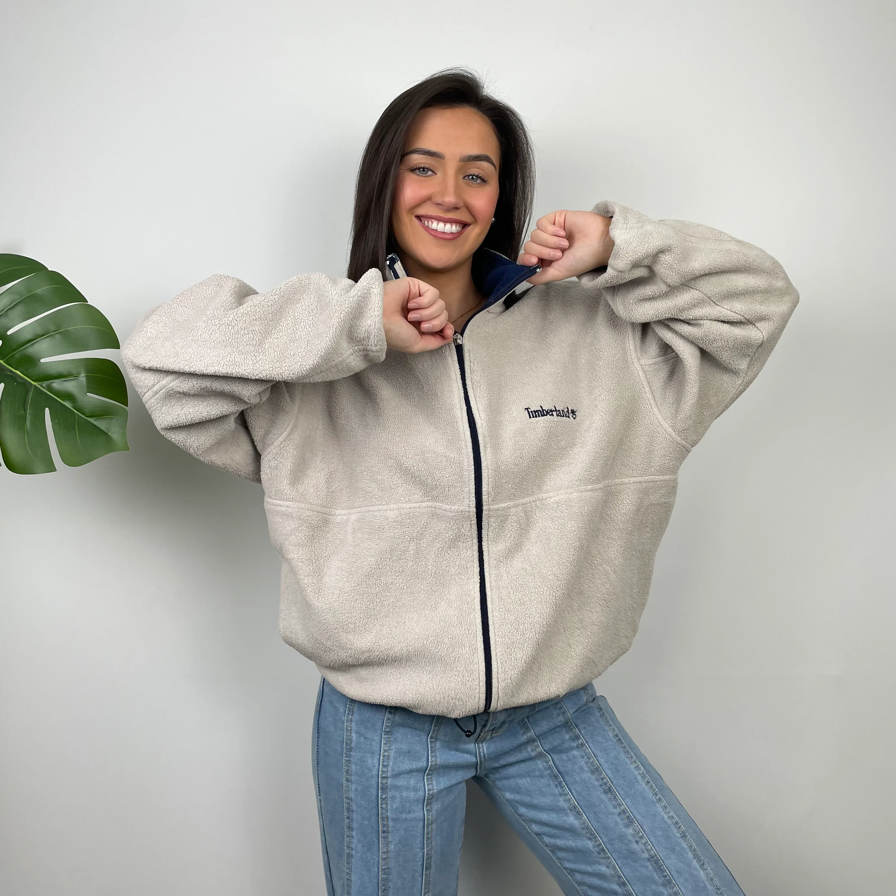 Timberland RARE Cream Embroidered Spell Out Logo Teddy Bear Fleece Zip Up Jacket (L) - Image 3