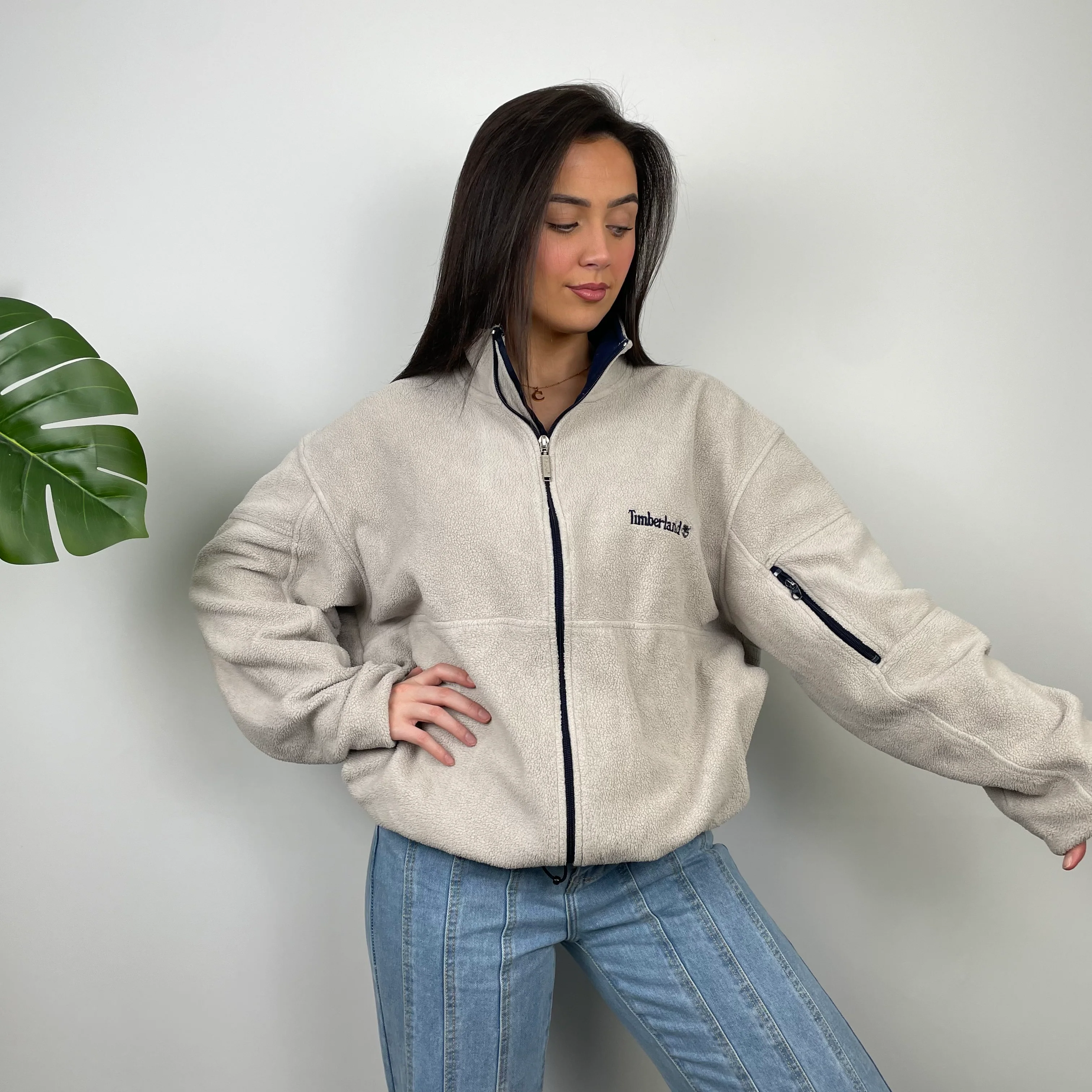Timberland RARE Cream Embroidered Spell Out Logo Teddy Bear Fleece Zip Up Jacket (L) - Image 4