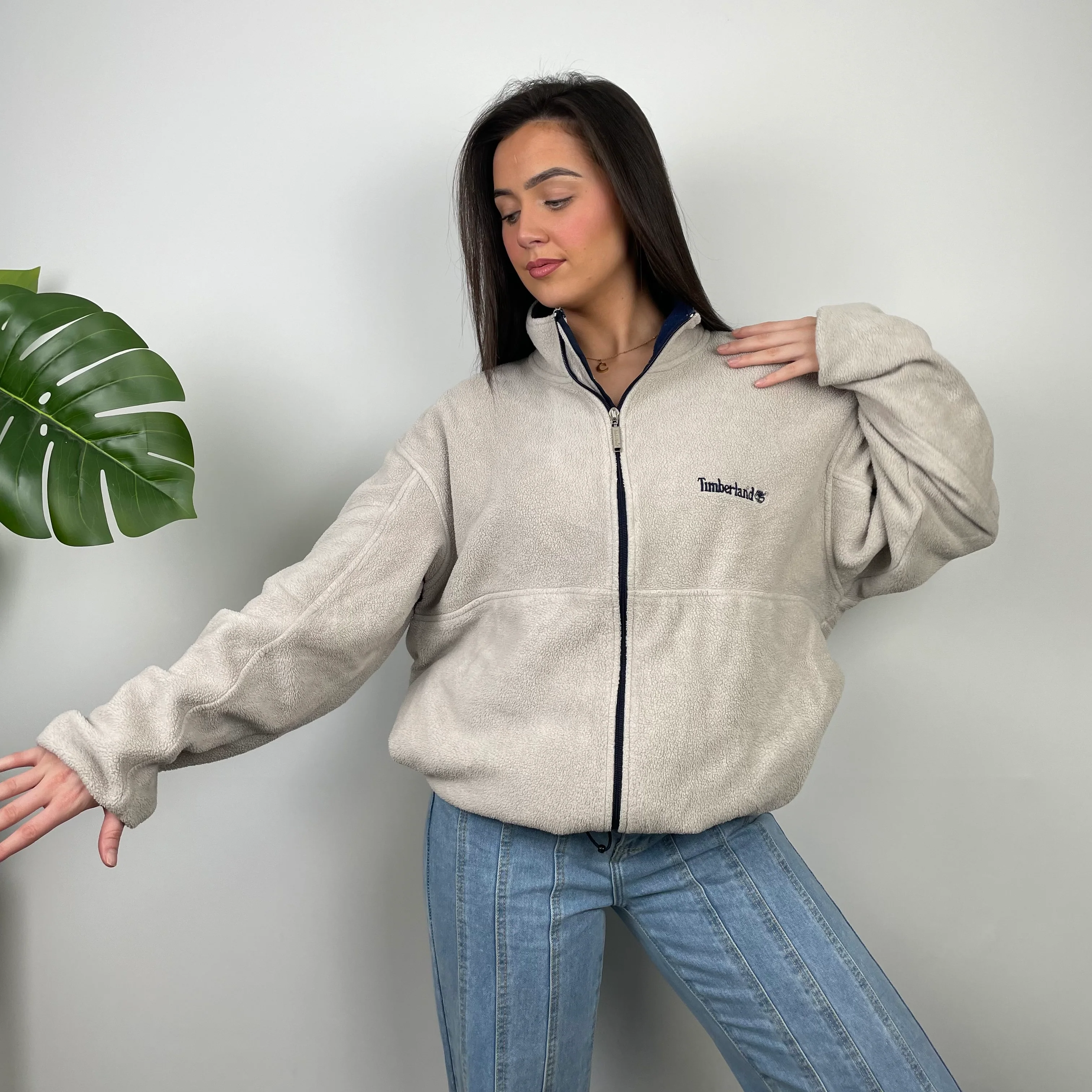 Timberland RARE Cream Embroidered Spell Out Logo Teddy Bear Fleece Zip Up Jacket (L) - Image 5