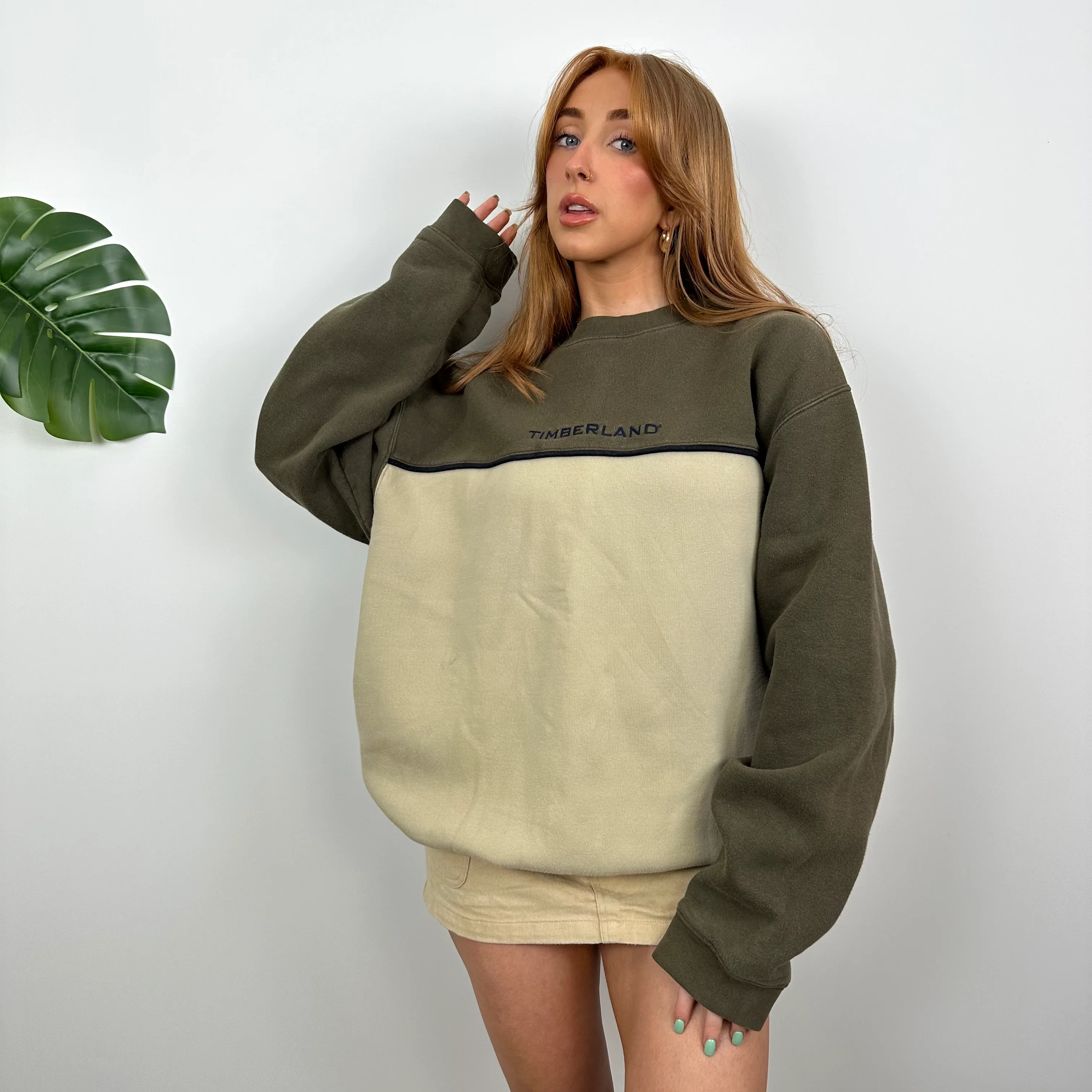 Timberland RARE Khaki and Tan Embroidered Spell Out Sweatshirt (L) - Image 3