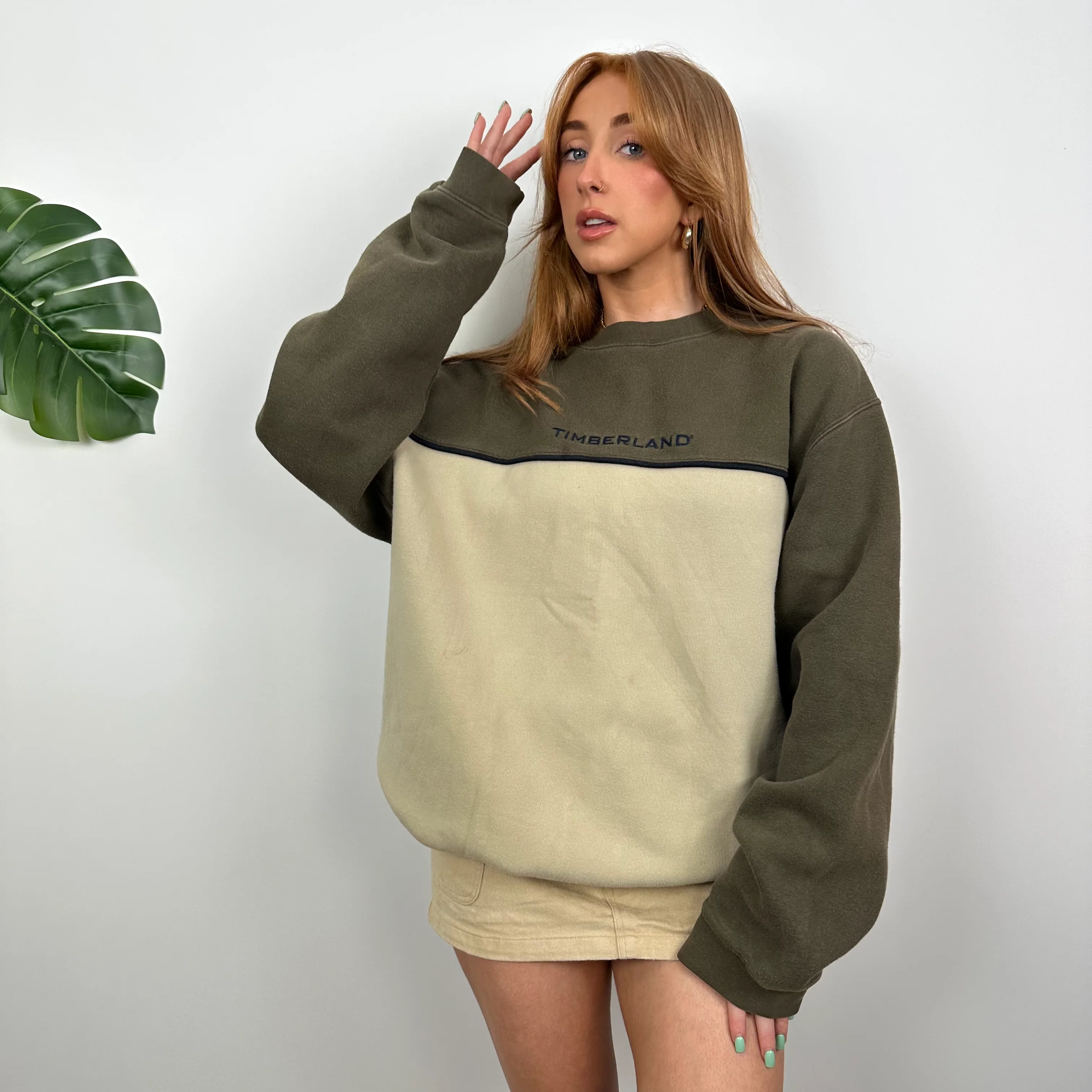 Timberland RARE Khaki and Tan Embroidered Spell Out Sweatshirt (L) - Image 5