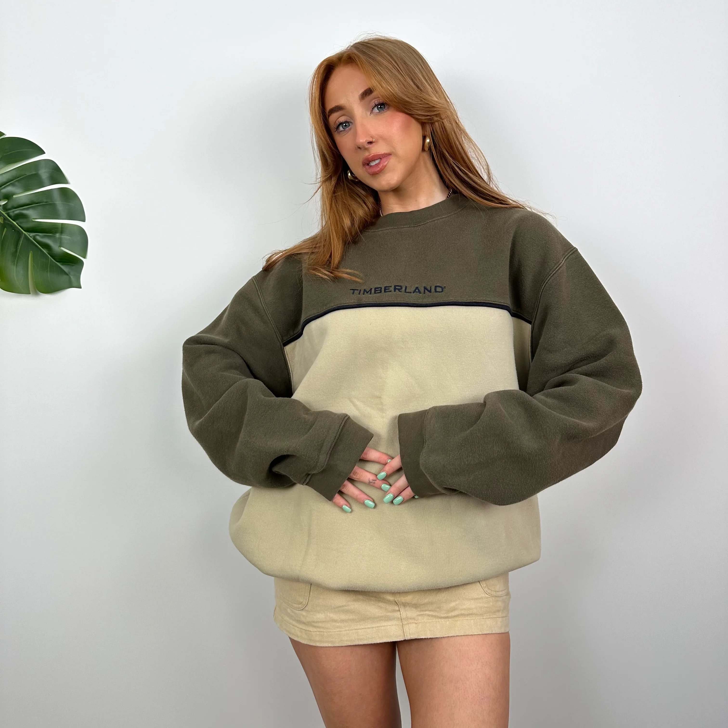 Timberland RARE Khaki and Tan Embroidered Spell Out Sweatshirt (L) - Image 6