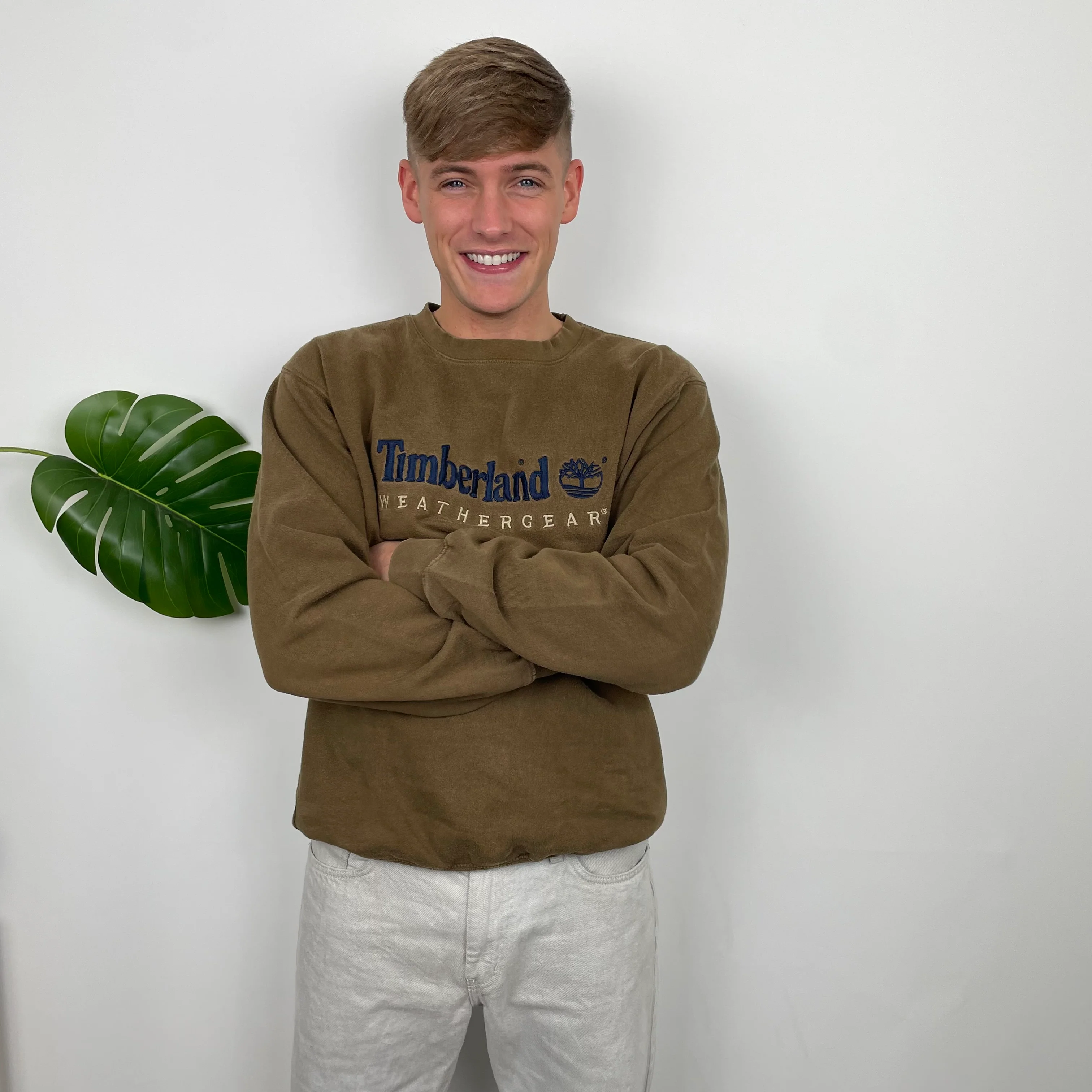 Timberland RARE Khaki Embroidered Spell Out Sweatshirt (L) - Image 2