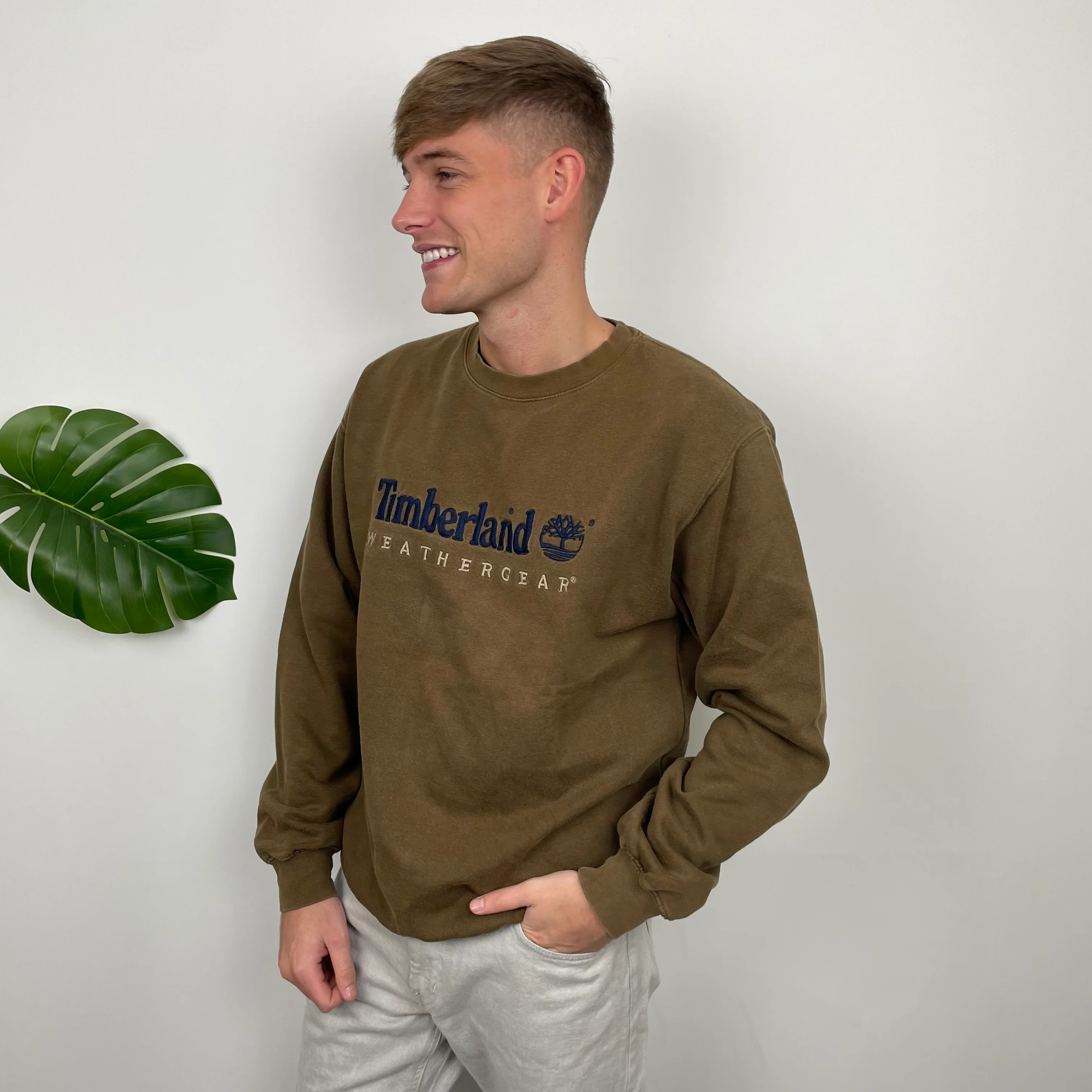 Timberland RARE Khaki Embroidered Spell Out Sweatshirt (L) - Image 3