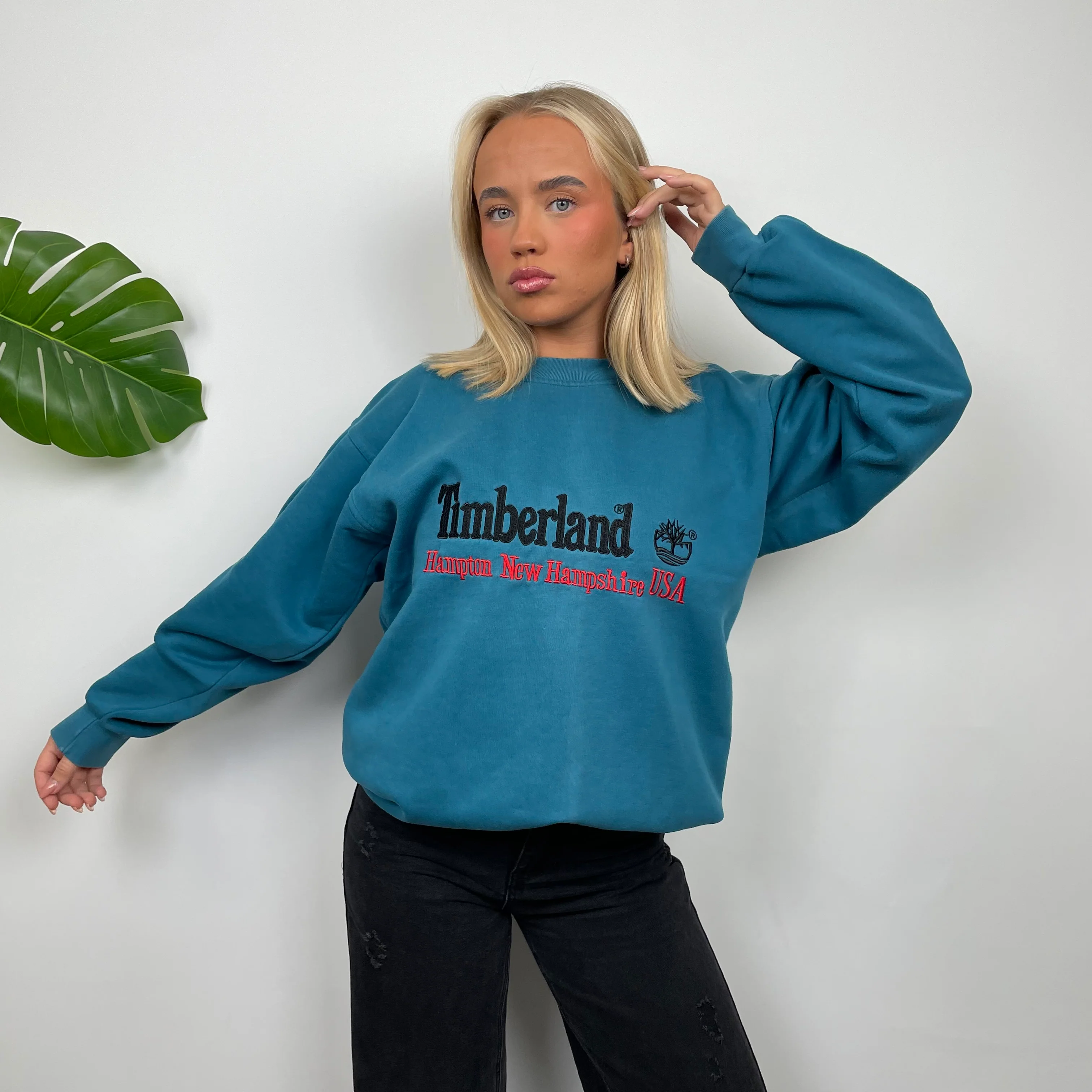 Timberland RARE Turquoise Blue Embroidered Spell Out Sweatshirt (L) - Image 2