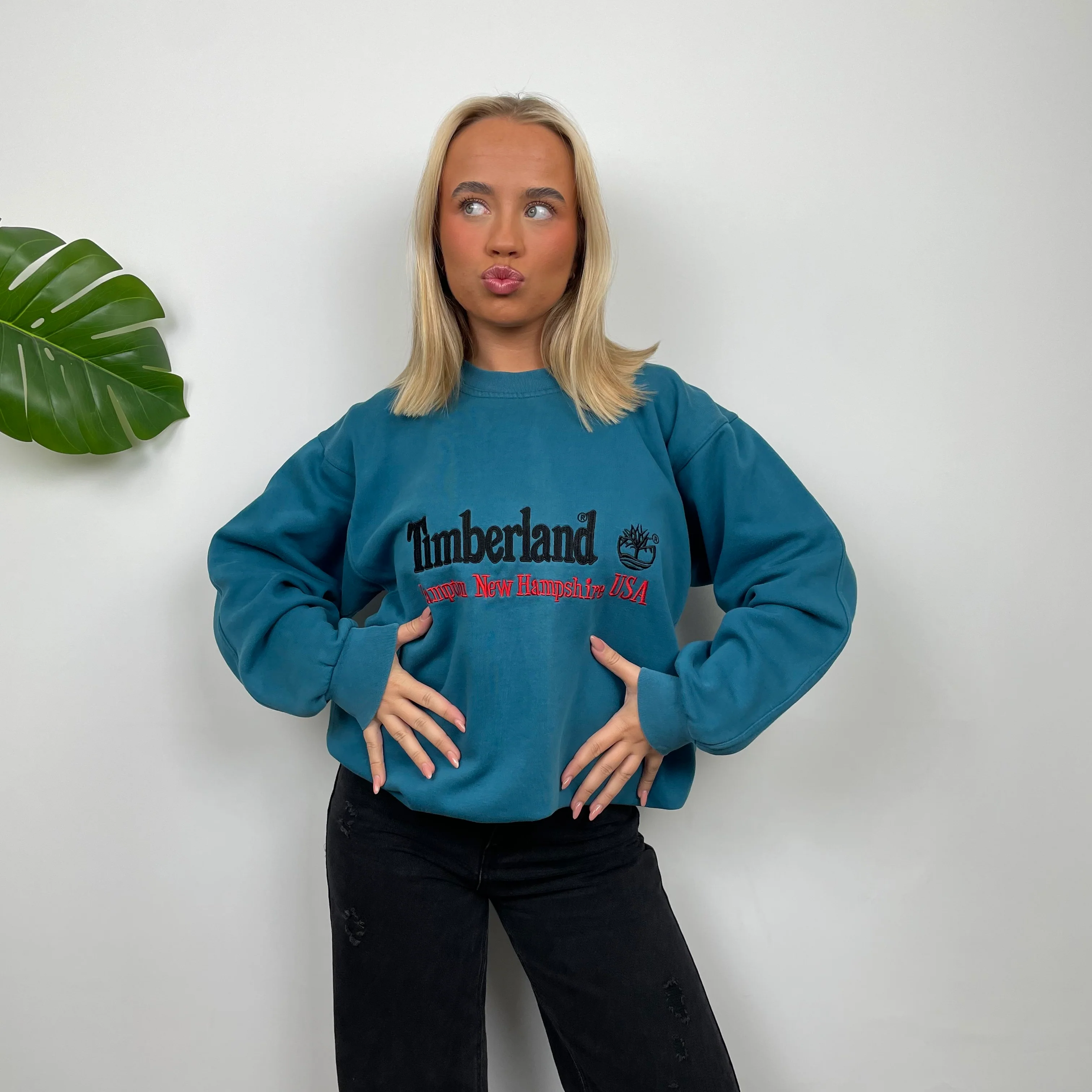 Timberland RARE Turquoise Blue Embroidered Spell Out Sweatshirt (L) - Image 4